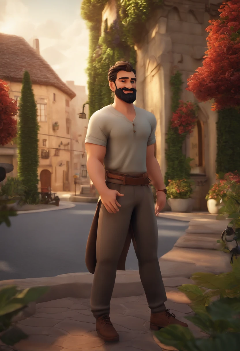 personagem dos desenhos animados de um homem com barba media, uma camisa cinza, no bolso eesquerdo escrido SGB, alegre sorrindo em meio a blocos de cimento, animation character, Caractere estilizado, animation style rendering, 3D estilizado,