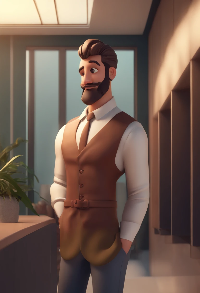 personagem dos desenhos animados de um homem com barba media, uma camisa cinza, no bolso eesquerdo escrido SGB, alegre sorrindo em meio a blocos de cimento, animation character, Caractere estilizado, animation style rendering, 3D estilizado,