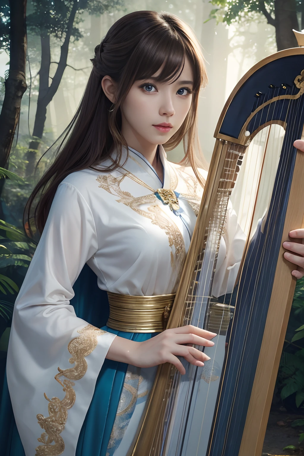 hightquality、8K Ultra HD、fullllbody、A 16-year-old female harpist is playing the harp、robe blanche、light brown hair、Blue eyes、(There is a nice healing forest in the background)、cute little、Beautiful fece、portlate、A kitten、art by:Alberto Seveso、Symmetrical、Abstract art style、Complex and intricate watercolor painting 、digitial painting、explosion of colors、concept-art、Volumetric lighting、TanvirTamim、metal reflective、2d render、8K。 by artgerm、Trending on ArtStation