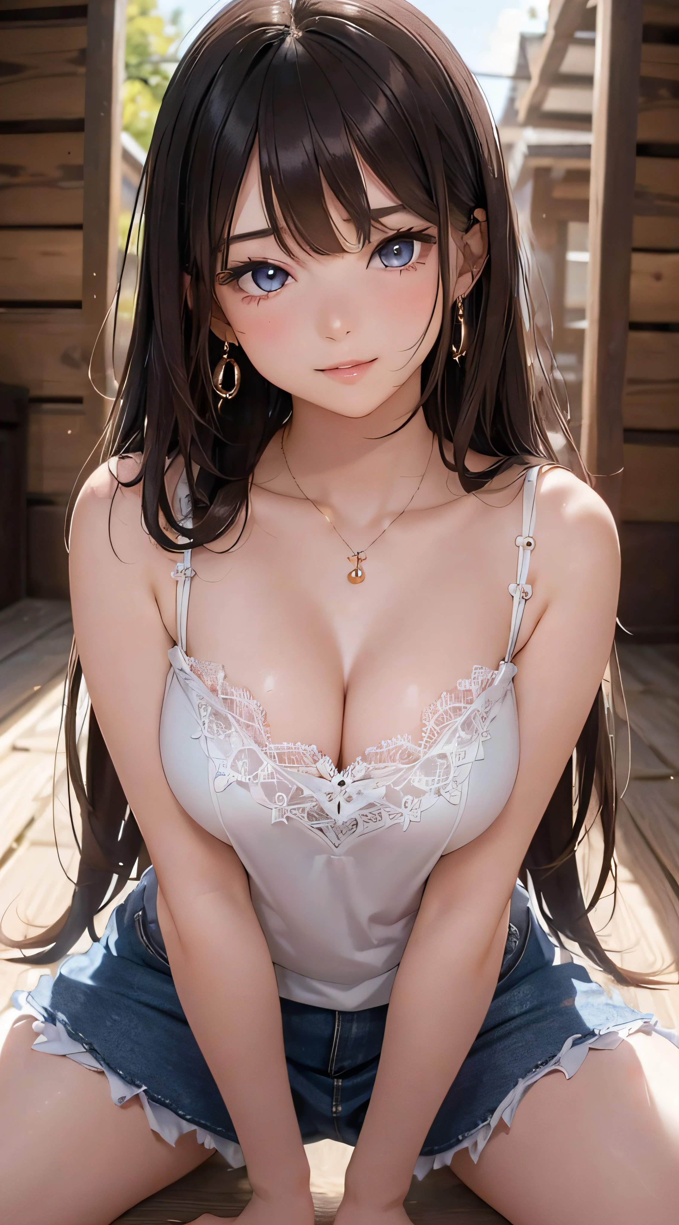 (masutepiece: 1.3), (max resolution: 1.2), (Ultra HDTV: 1.2), cinematric light, Ultra HDTV, (Detailed eyes and skin), (detailed facial features), nffsw, 8K resolution, Sharp Focus: 1.2, Perfect Style, Beautiful face, Perfect body, acurate, Anatomically correct, Highly detailed face and skin texture, Detailed eyes, Dark-blue eyes, Double eyelids, Thin eyebrows, Glitter Eyeliner: 1.2, Natural cheeks, Glossy skin, Fair skin: 1.2, shiny little necklace and earrings, (Glossy lips: 1.4), BREAK, One-person viewpoint, (She is a very cute female teacher), (Pink lace panties), (Seductive smile: 1.2), ((a Innocent and cute girl:1.3)), (Long Wave Hair), (ligh brown hair:1.2), (Cowboy Shot: 1.2), BREAK, ((Very intimate relationships: 1.2)), medium large breasts, ((Looking at Viewer:1.2)), ((Hot spring trip:1.2)), ((Bend your knees and open your legs wide:1.2)), (From Side:1.2),low angle shot,sleeveless sweater Tight jeans skirt