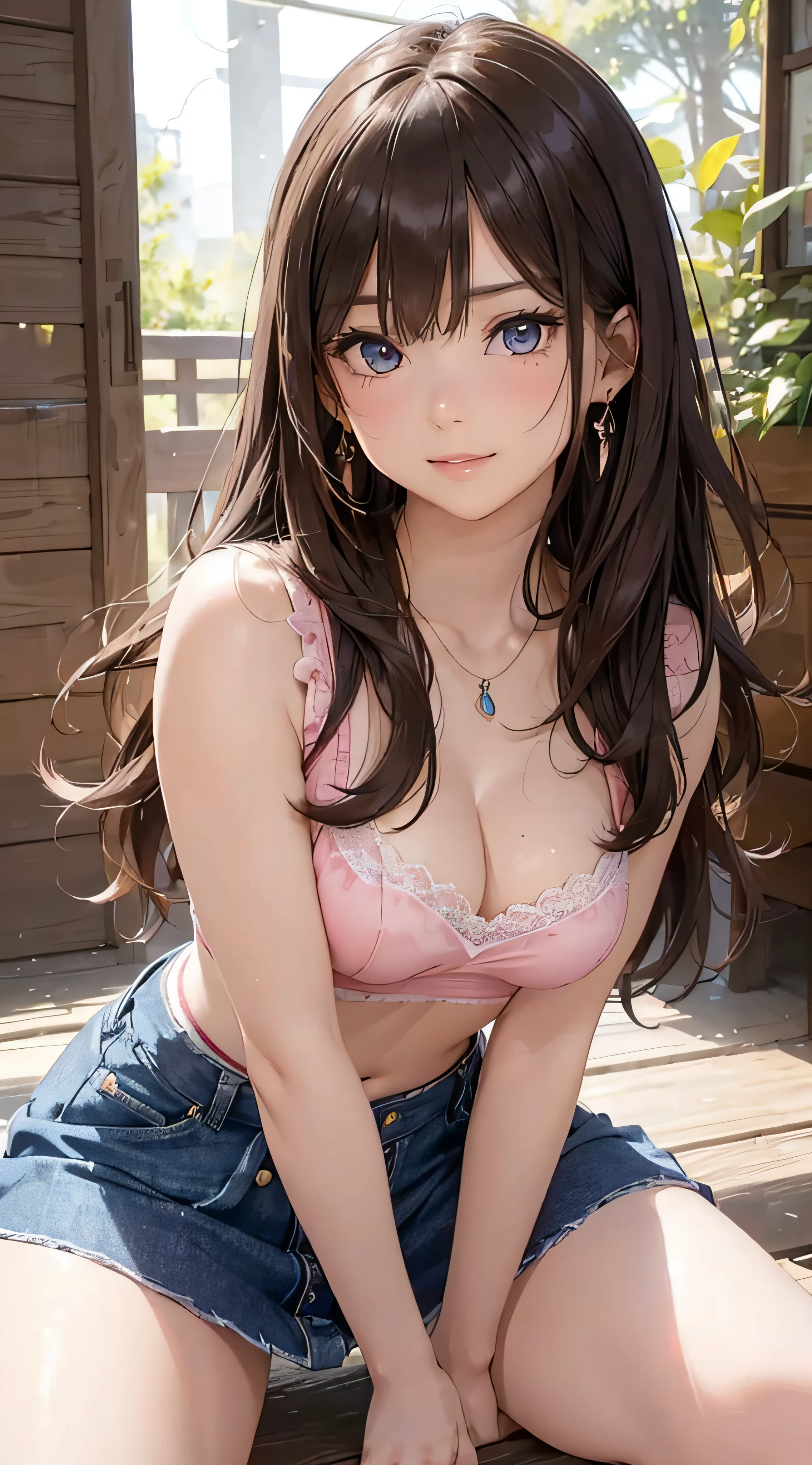 (masutepiece: 1.3), (max resolution: 1.2), (Ultra HDTV: 1.2), cinematric light, Ultra HDTV, (Detailed eyes and skin), (detailed facial features), nffsw, 8K resolution, Sharp Focus: 1.2, Perfect Style, Beautiful face, Perfect body, acurate, Anatomically correct, Highly detailed face and skin texture, Detailed eyes, Dark-blue eyes, Double eyelids, Thin eyebrows, Glitter Eyeliner: 1.2, Natural cheeks, Glossy skin, Fair skin: 1.2, shiny little necklace and earrings, (Glossy lips: 1.4), BREAK, One-person viewpoint, (She is a very cute female teacher), (Pink lace panties), (Seductive smile: 1.2), ((a Innocent and cute girl:1.3)), (Long Wave Hair), (ligh brown hair:1.2), (Cowboy Shot: 1.2), BREAK, ((Very intimate relationships: 1.2)), medium large breasts, ((Looking at Viewer:1.2)), ((Hot spring trip:1.2)), ((Bend your knees and open your legs wide:1.2)), (From Side:1.2),low angle shot,Sleeveless sweater Tight jeans skirt