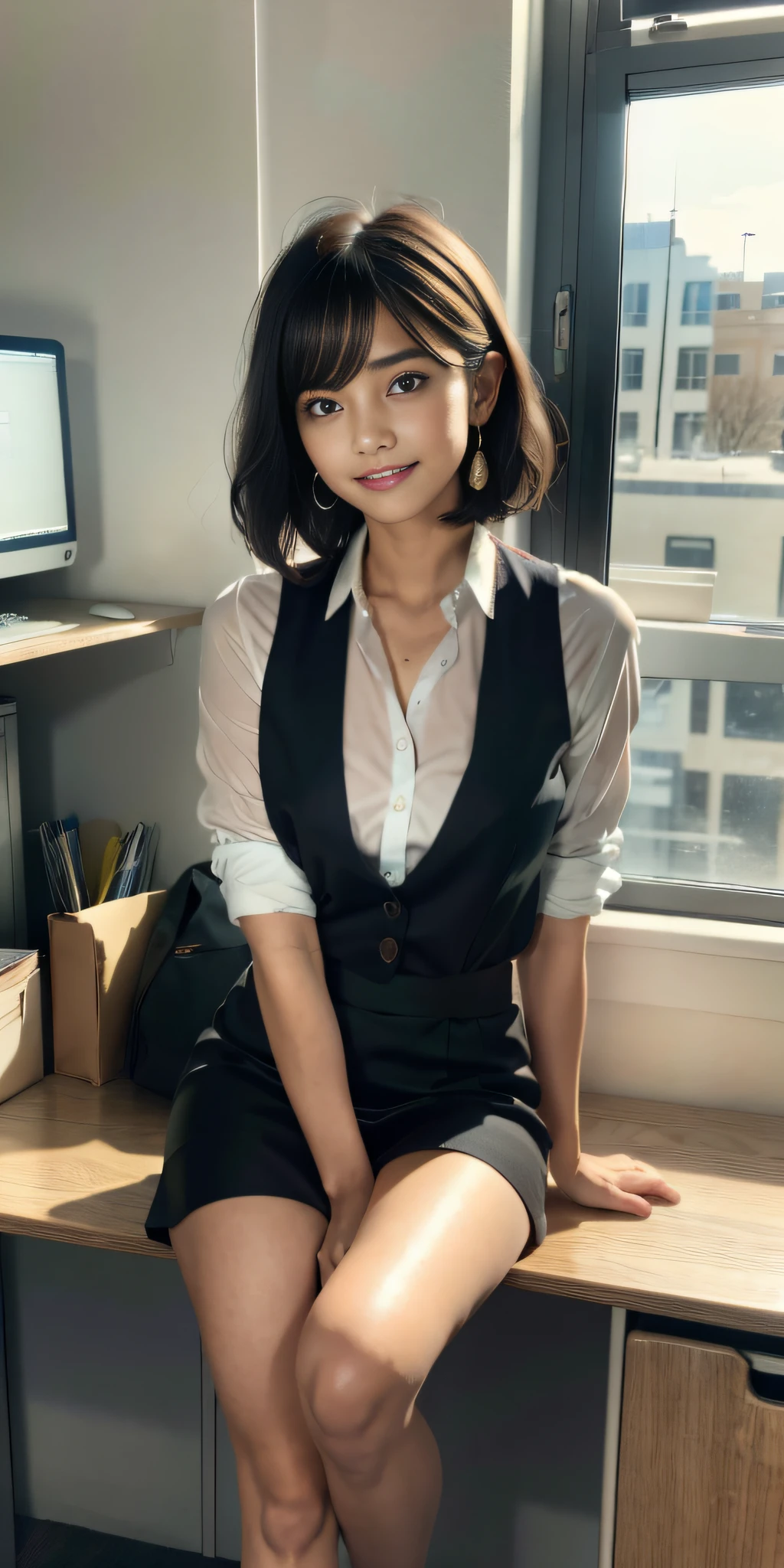 (RAW, best quality, masterpiece:1.5), (photo realistic, intricate details:1.2), ultra highres, absurdres,
1girl, beautiful face, detailed eyes, symmetric eyes, light on face, nose blush, short hair, idol, black hair tie,
clk, vest, suit, pencil miniskirt, white shirt, silk scarf, black pantyhose, smile, small dimples, sexually suggestive,
medium breasts, slim waist, slim legs,
sitting on chair in front of desk, perfect body, good proportions,
looking at viewer,
(office, indoor, hyper detailed background:1.2), japan, copy machine, file cabinet, computer, monitor,
shiny skin, real skin texture,
natural lighting, best lighting, detailed background, detailed shadow, sharp focus, saturated, high contrast, strong light and shadow