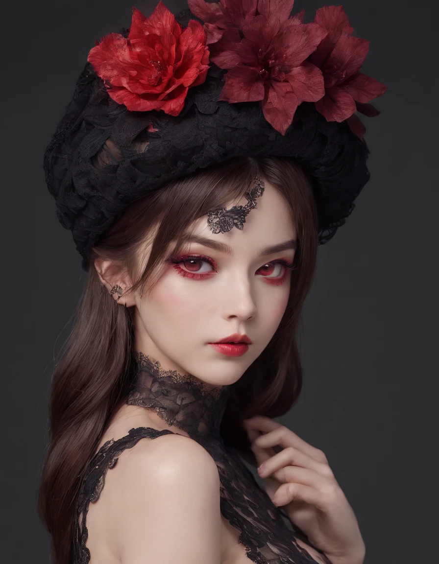 Pretty and very elegant girl wearing a talk cap decorated with big black lace flowers. Her entire face is covered with lace. She wears a loose-fitting black lace cocktail dress that hangs over her shoulders. Her skin is very shiny. The background is beautiful banquet. She is gently illuminated. Very shallow depth of field、the background is blurred. full body, detailed face, 4k, Y2K clothing, purple twin tails, massive tits, , idol, masterpiece for eyes, long lashes, juicy lips, highlights in eyes, elf ears, tattoos, ((red eyes))