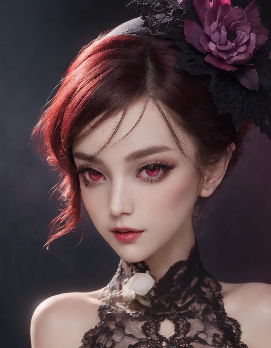 Pretty and very elegant girl wearing a talk cap decorated with big black lace flowers. Her entire face is covered with lace. She wears a loose-fitting black lace cocktail dress that hangs over her shoulders. Her skin is very shiny. The background is beautiful banquet. She is gently illuminated. Very shallow depth of field、the background is blurred. full body, detailed face, 4k, Y2K clothing, purple twin tails, massive tits, , idol, masterpiece for eyes, long lashes, juicy lips, highlights in eyes, elf ears, tattoos, ((red eyes))