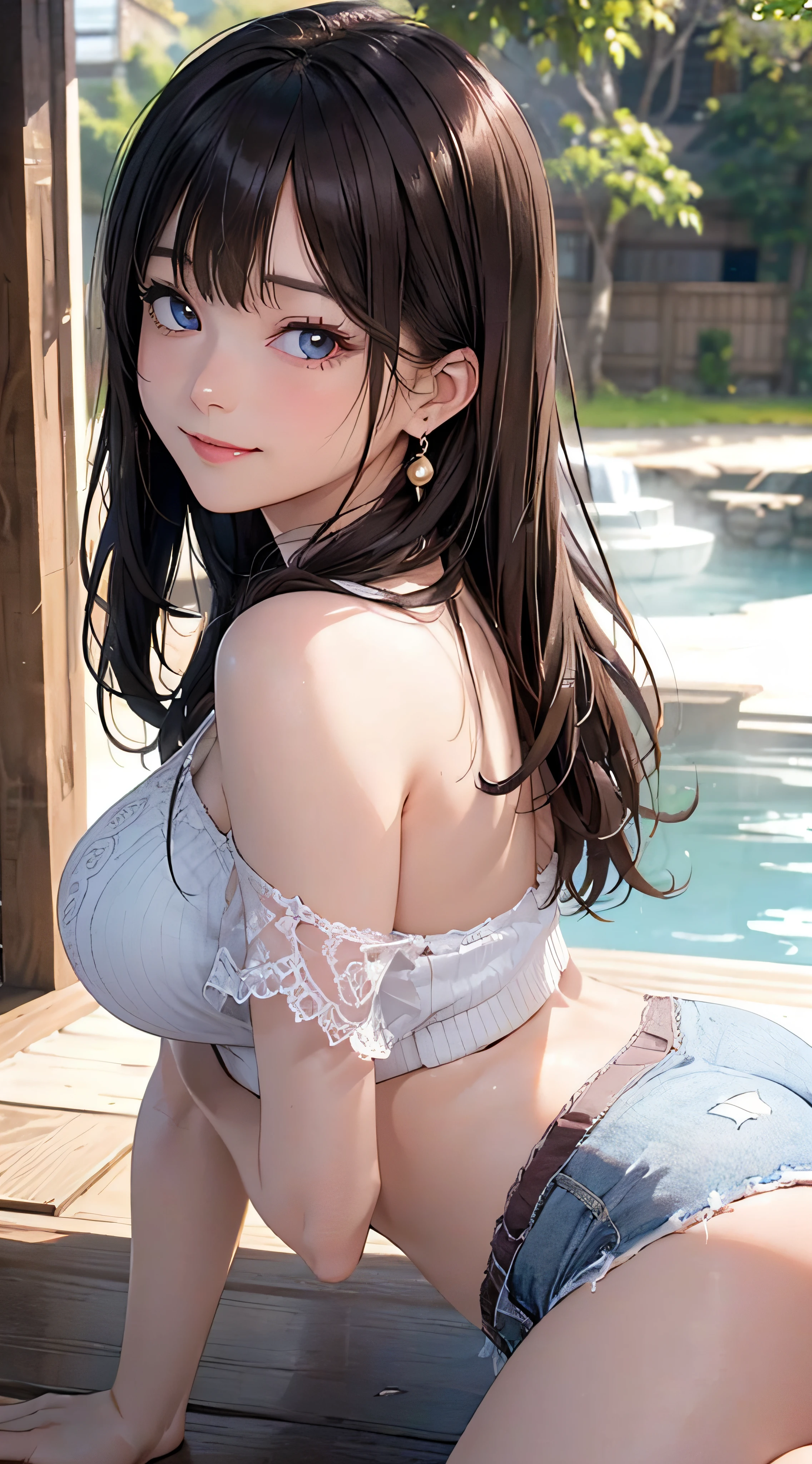 (masutepiece: 1.3), (max resolution: 1.2), (Ultra HDTV: 1.2), cinematric light, Ultra HDTV, (Detailed eyes and skin), (detailed facial features), nffsw, 8K resolution, Sharp Focus: 1.2, Perfect Style, Beautiful face, Perfect body, acurate, Anatomically correct, Highly detailed face and skin texture, Detailed eyes, Dark-blue eyes, Double eyelids, Thin eyebrows, Glitter Eyeliner: 1.2, Natural cheeks, Glossy skin, Fair skin: 1.2, shiny little necklace and earrings, (Glossy lips: 1.4), BREAK, One-person viewpoint, (She is a very cute female teacher), (Pink lace panties), (Seductive smile: 1.2), ((a Innocent and cute girl:1.3)), (Long Wave Hair), (ligh brown hair:1.2), (Cowboy Shot: 1.2), BREAK, ((Very intimate relationships: 1.2)), medium large breasts, ((Looking at Viewer:1.2)), ((Hot spring trip:1.2)), ((Bend your knees and open your legs wide:1.2)), (From Side:1.2),low angle shot,Sleeveless sweater Tight jeans skirt