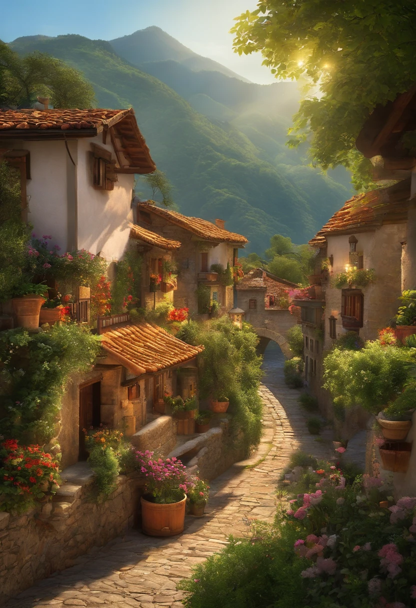 A small mountain village,and the sun was shining brightly,Ghibli-like colors,A high resolution,Super detailed,landscape,cozily,Warm atmosphere,Lush greenery,serene,tranquil,Happy villagers,Rustic style house,Stunning views,narrow winding streets,Old stone bridge,flowing river,Fresh mountain air,Nestled in the mountains,Peaceful way of life,traditional architecture,Lush gardens,Majestic mountains in the background,Clear sky,Colorful rooftops,Naughty wildlife,Gentle breeze,Unique local culture,Friendly locals,enchanting atmosphere,Harmony with nature,Picturesque scenery as far as the eye can see,Peace and tranquility,exquisite attention to detail