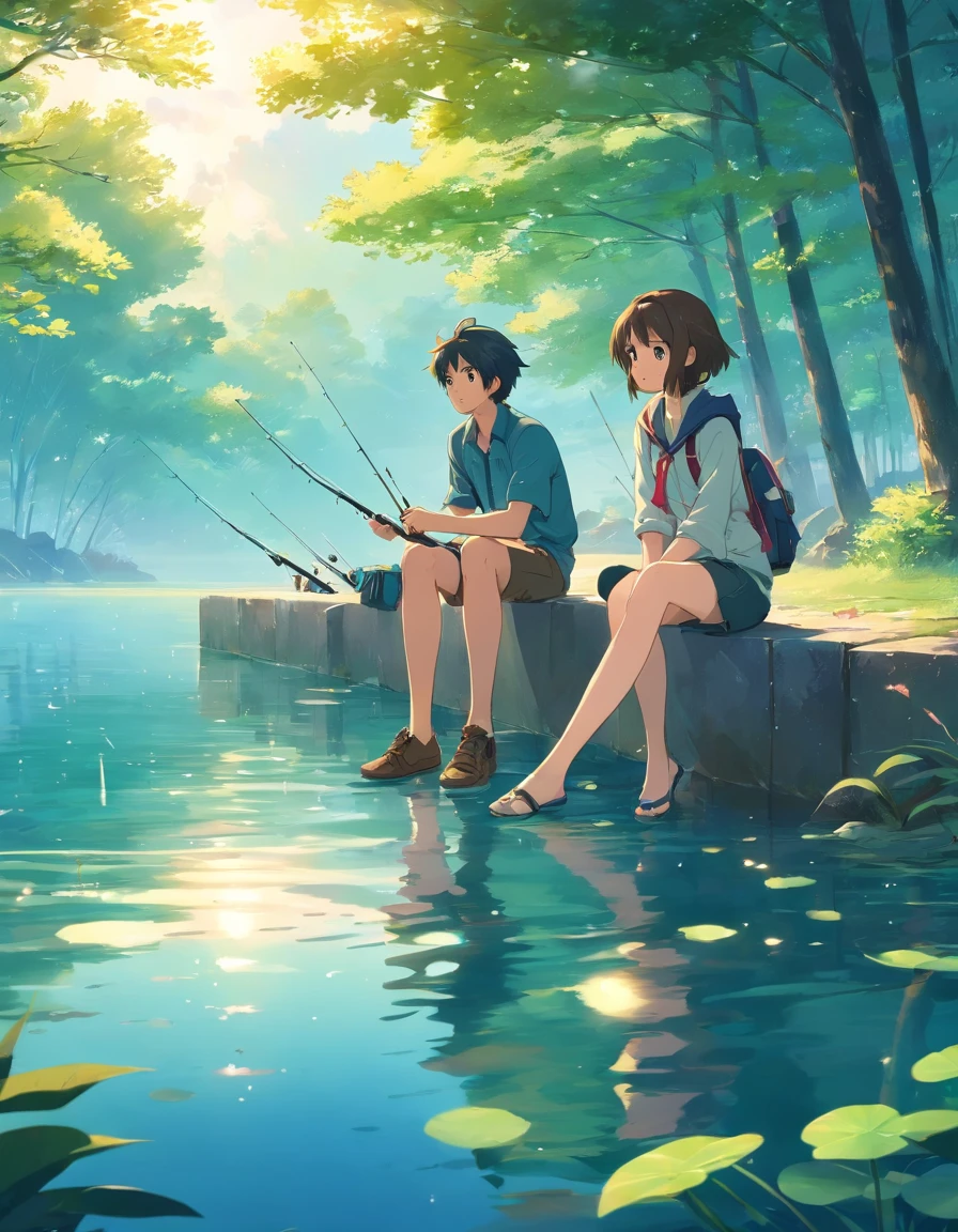 Small lake Small fish in the lake Male and female students sitting on the edge of the lake fishing
