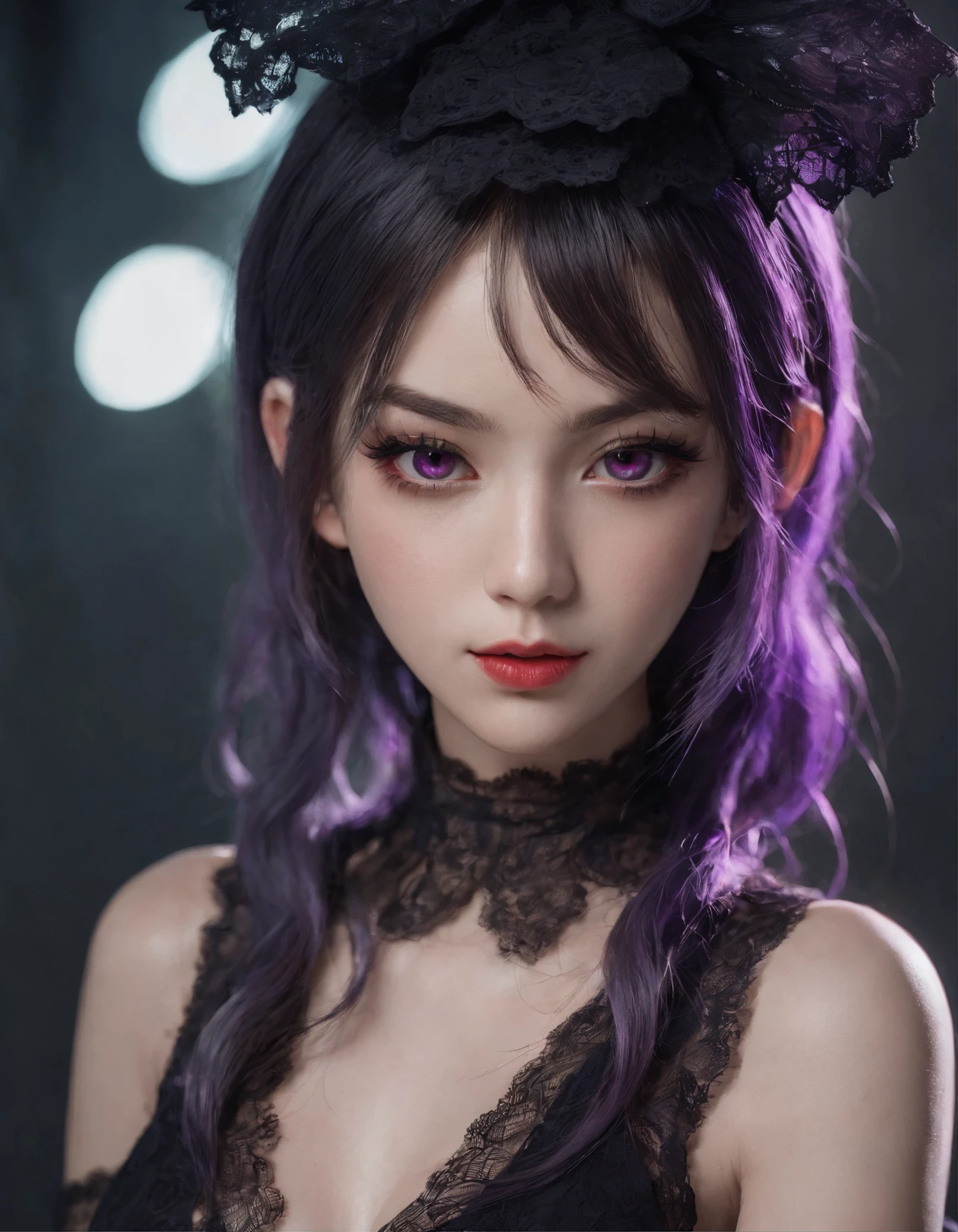 A pretty and very elegant girl wearing a toque cap decorated with large black lace flowers. Her entire face is covered in lace. She wears a loose black lace cocktail dress that hangs over her shoulders. Her skin is very shiny.
Her arms are folded and the fingertips of one hand touch her chin. The background is a beautiful black. The room is dimly lit and she is gently illuminated.
Depth of field is very shallow and the background is blurred. detailed face, 4k, Y2K clothing, purple twin tails, massive tits, , idol, masterpiece for eyes, long lashes, juicy lips, highlights in eyes, elf ears, tattoos, ((red eyes))