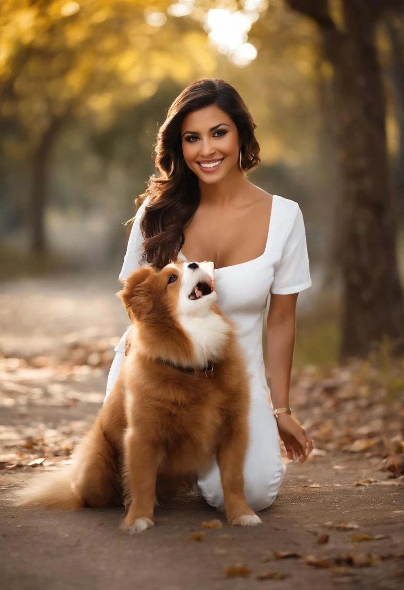 Create an image of a latina nurse in her 20s turning into a dog. Style should be photo realistic with some comedic elements, setting is at a park. She is chasing after a cat. She is running on all fours. She has her tongue hanging out of the side of her mouth. Her hair is a little messed up. She has some hair growing on her arms. She is nude.