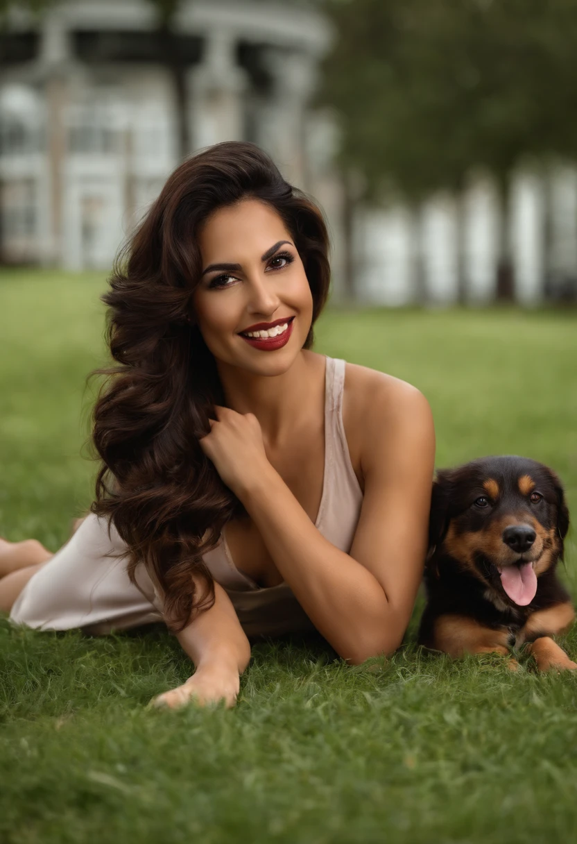 Create an image of a latina nurse in her 20s turning into a dog. Style should be photo realistic with some comedic elements, setting is at a park. She is chasing after a cat. She is running on all fours. She has her tongue hanging out of the side of her mouth. Her hair is a little messed up. She has some hair growing on her arms. She is nude.