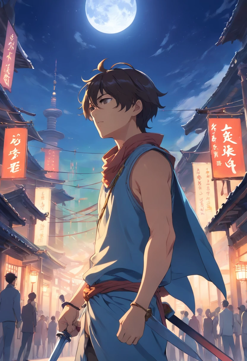 Mytical Knight, supernatural Power, Tower of Destiny, Moonlight blade game, A Chinese Man, high Cultivation, wearing bandana as blindfolded, Charismatic