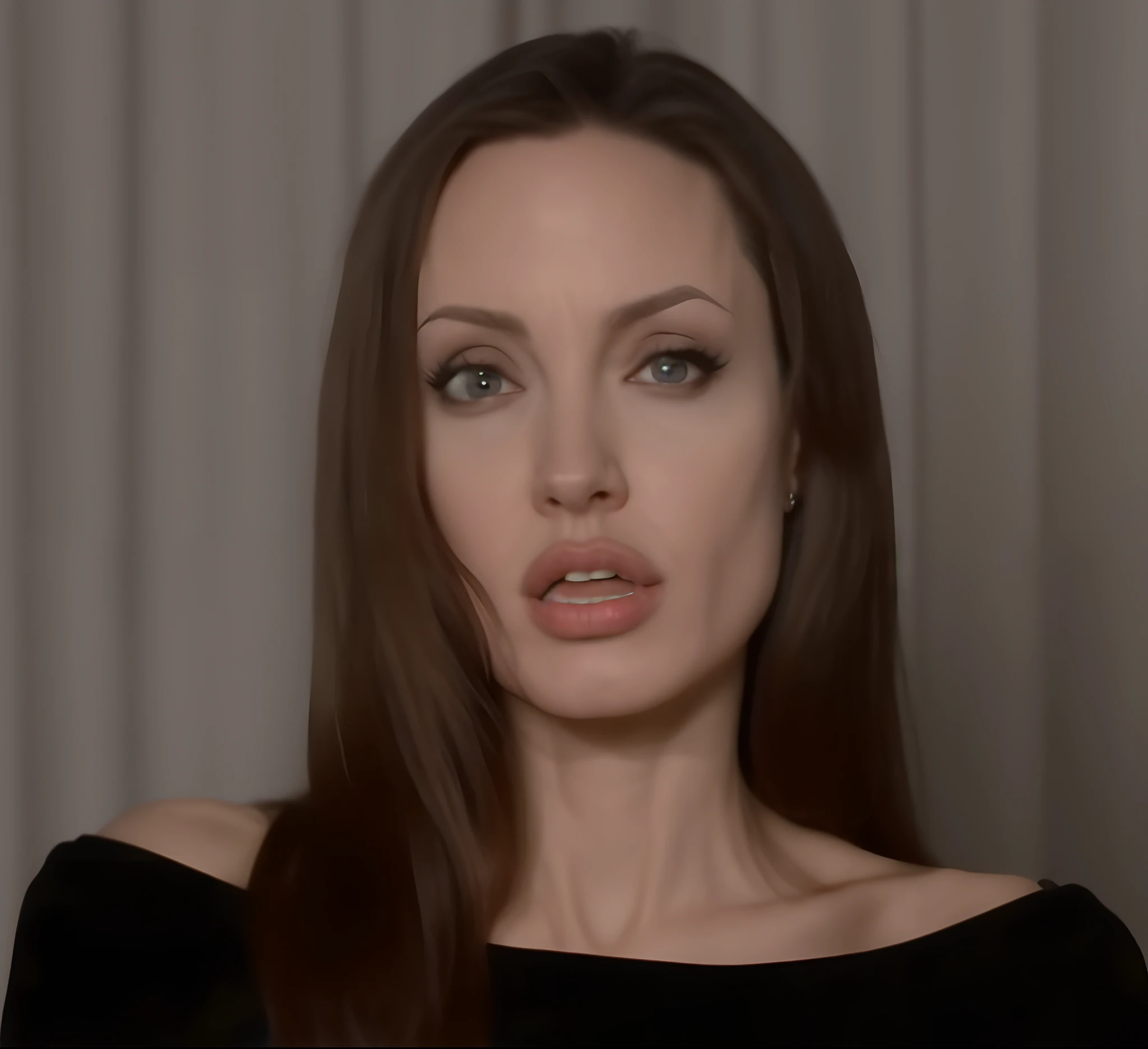 Angry and intense angeline jolie looking at the camera, upset and frustrated angeline jolie, angelina jolie worried and upset, very beautiful angeline jolie, intense stare,