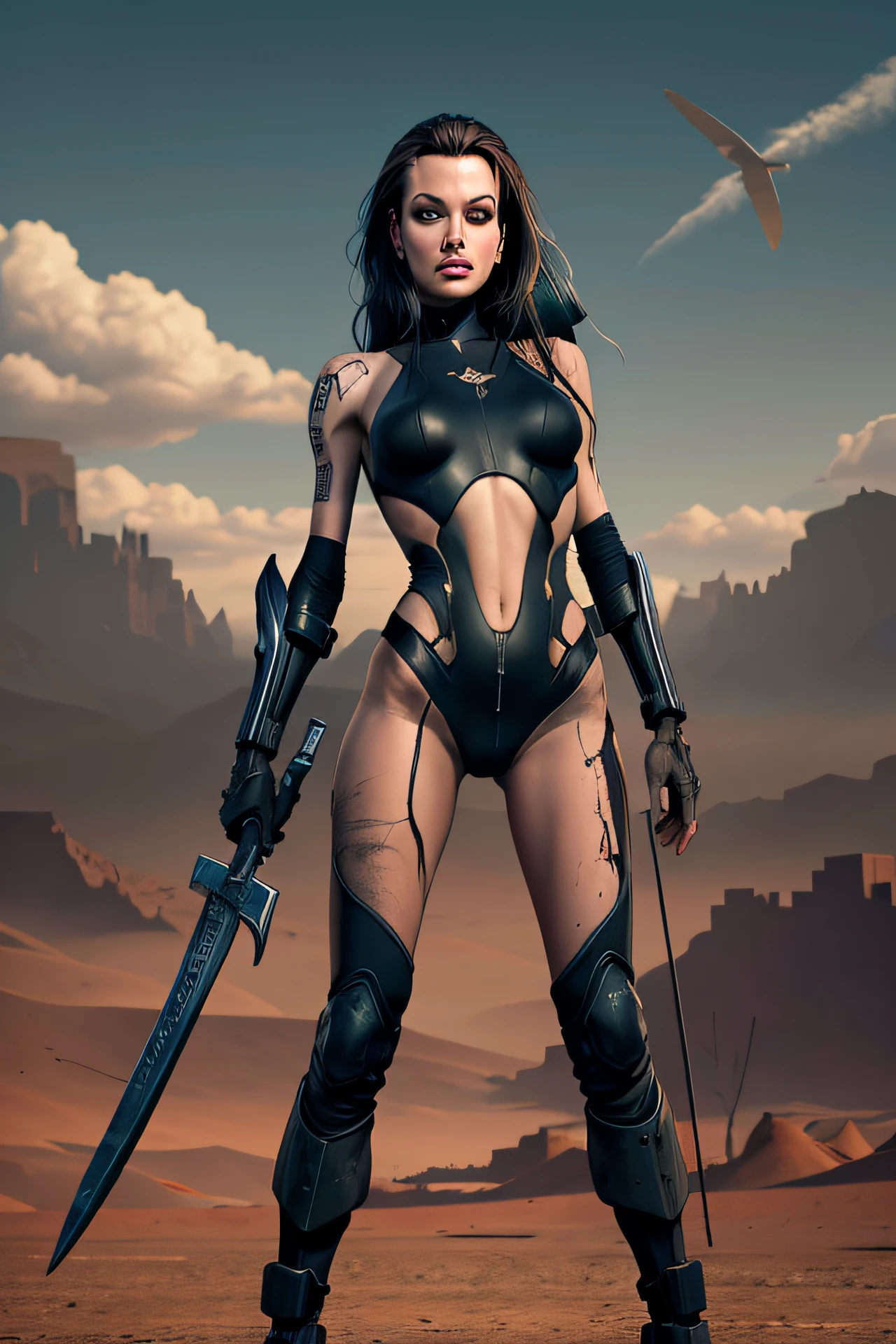 Angelina Jolie | 30 anos | Corpo inteiro | standingn | Segurando uma espada | Preto e branco | poses de ataque | Cabelos pretos | trajes cyberpunk| Post-apocalyptic desert | Ruinas | high definition | ALTOS DETALHES | heavy lineart | TRAJES FUTURISTA | Max Resolution | Arte vetorial