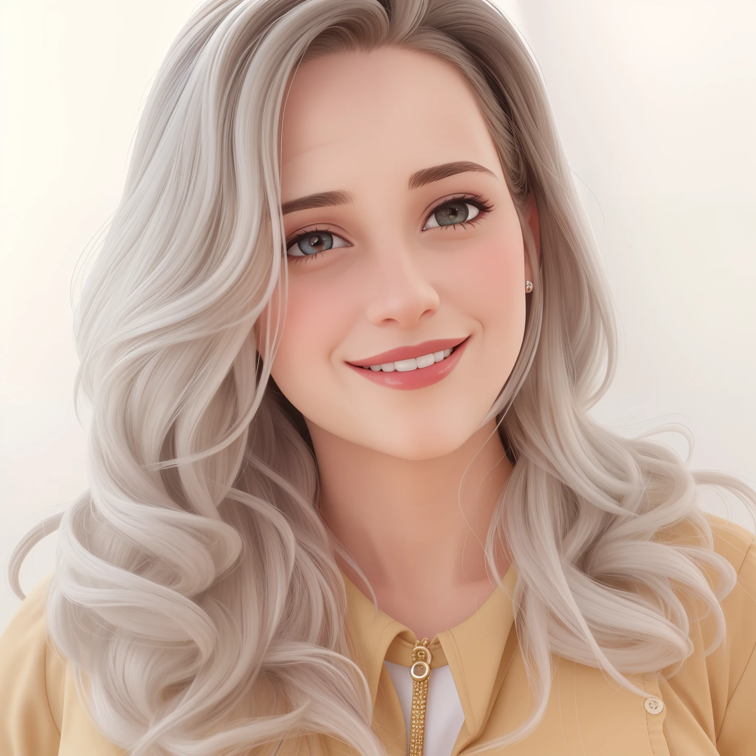 Uma mulher de 35 anos, com cabelos castanhos curtos, Rosto redondo, rosto redondo com sorriso encantador, e olhos pretos, You're sitting behind the desk