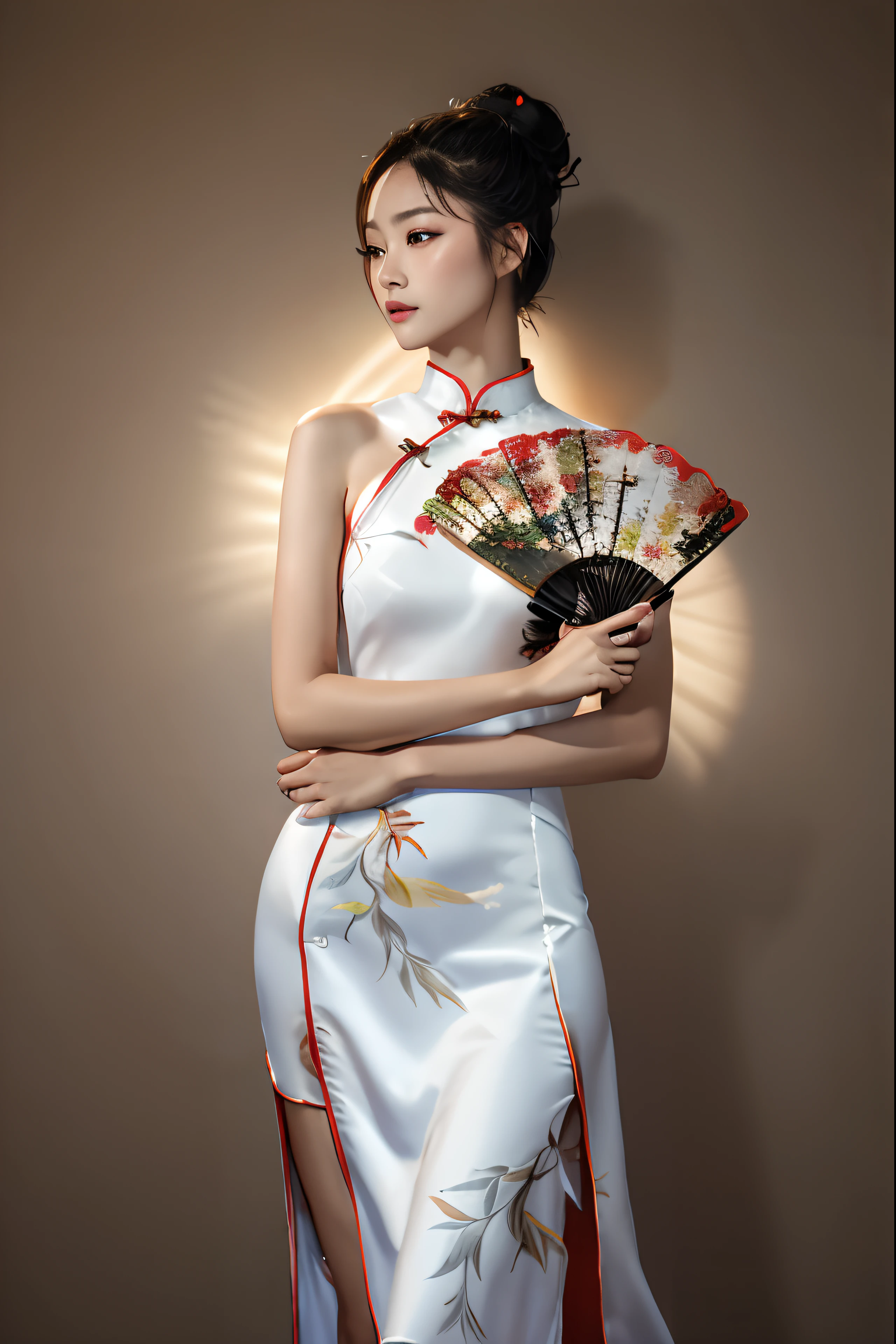 1girl in, (((Roll your hair into a bun))), (((Bright cheongsam))), (((White cheongsam mini dress))), Tight dress、(tmasterpiece, top-quality, Near and far law), Beautiful expression, 8K, RAW photogr, NFFSW, Photorealsitic, Film grains, color difference, A high resolution, ultra - detailed, finedetail, 动态照明, Dramatic lighting、shadowy、extremely detailed eye and face、Round pupils、bare shoulders​，The woman holds a fan，Chinese outfit, Chinese dress, high - end fashion photoshoot, Chinese style