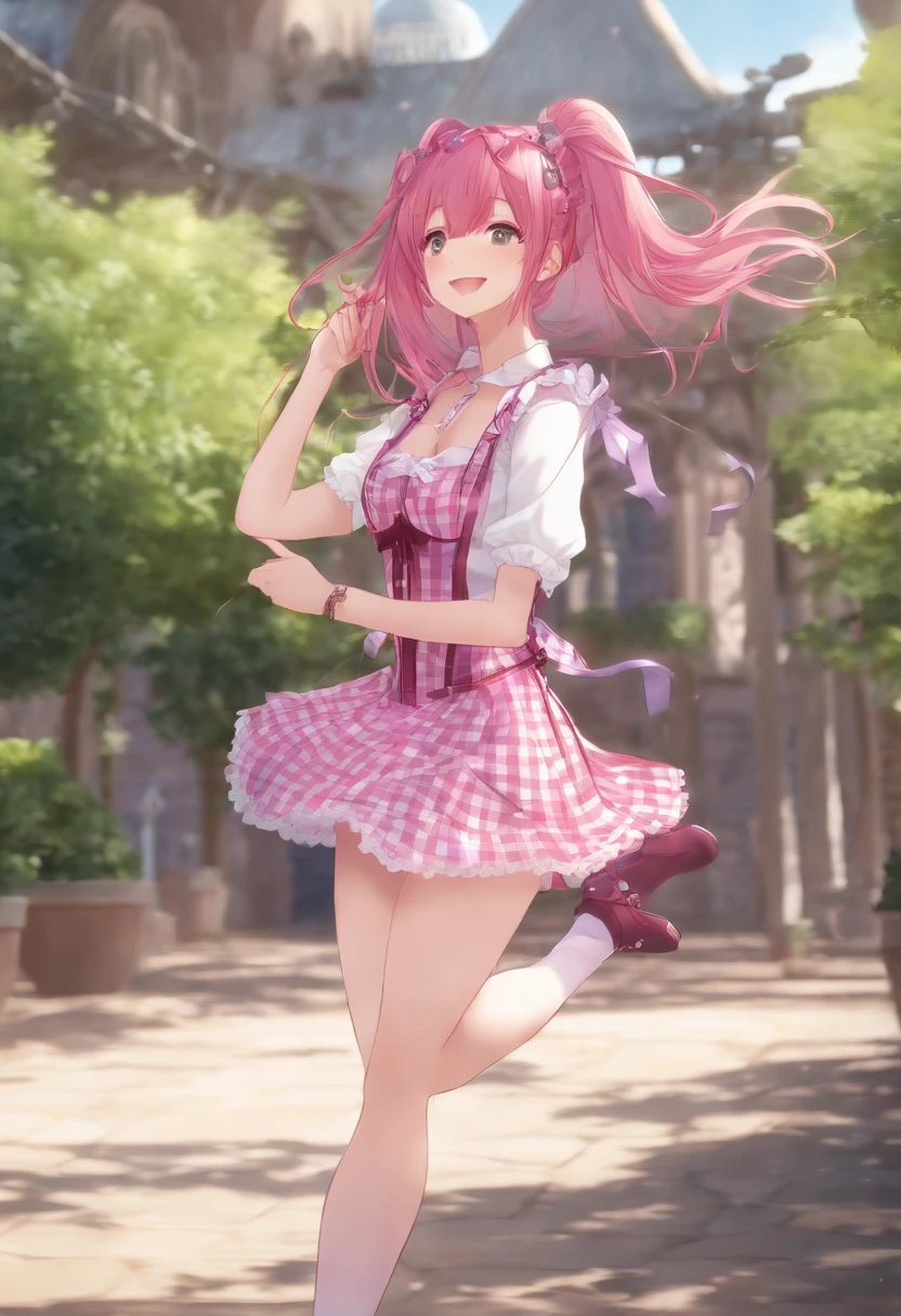 (((best quality))), 1girl, pink hair, purple inner hair, kirara jump, smile, twintails, pink miniskirt, short sleeve, red check dress, corset, zettai ryouiki