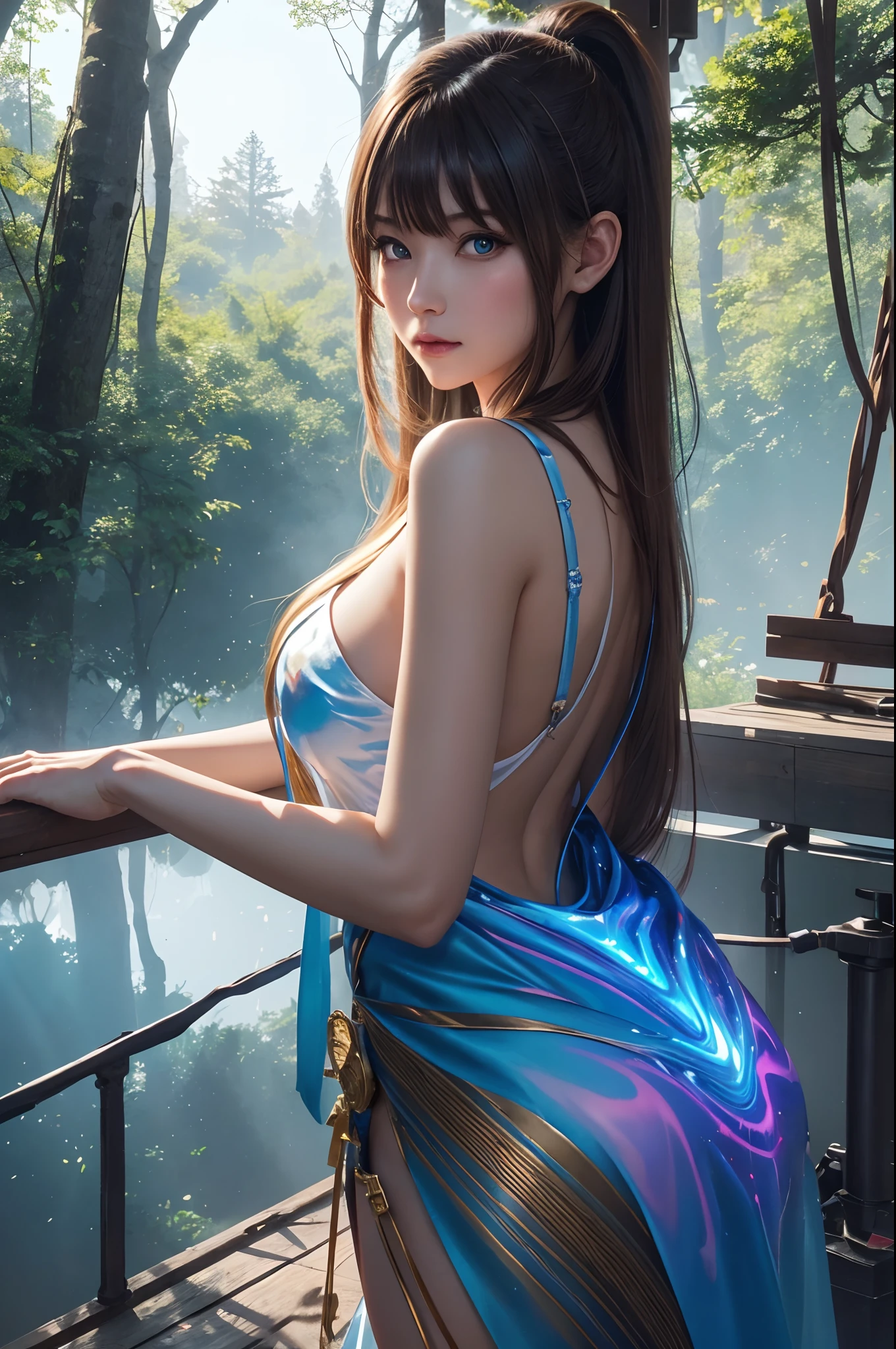 hightquality、8K Ultra HD、fullllbody、Seductive woman at 、robe blanche、light brown hair、Blue eyes、(There is a nice healing forest in the background)、cute little、Beautiful fece、portlate、Morning Spectacle、birdie、art by:Alberto Seveso、Symmetrical、Abstract art style、Complex and intricate watercolor painting 、digitial painting、explosion of colors、concept-art、Volumetric lighting、TanvirTamim、metal reflective、2d render、8K。 by artgerm、Trending on ArtStation
