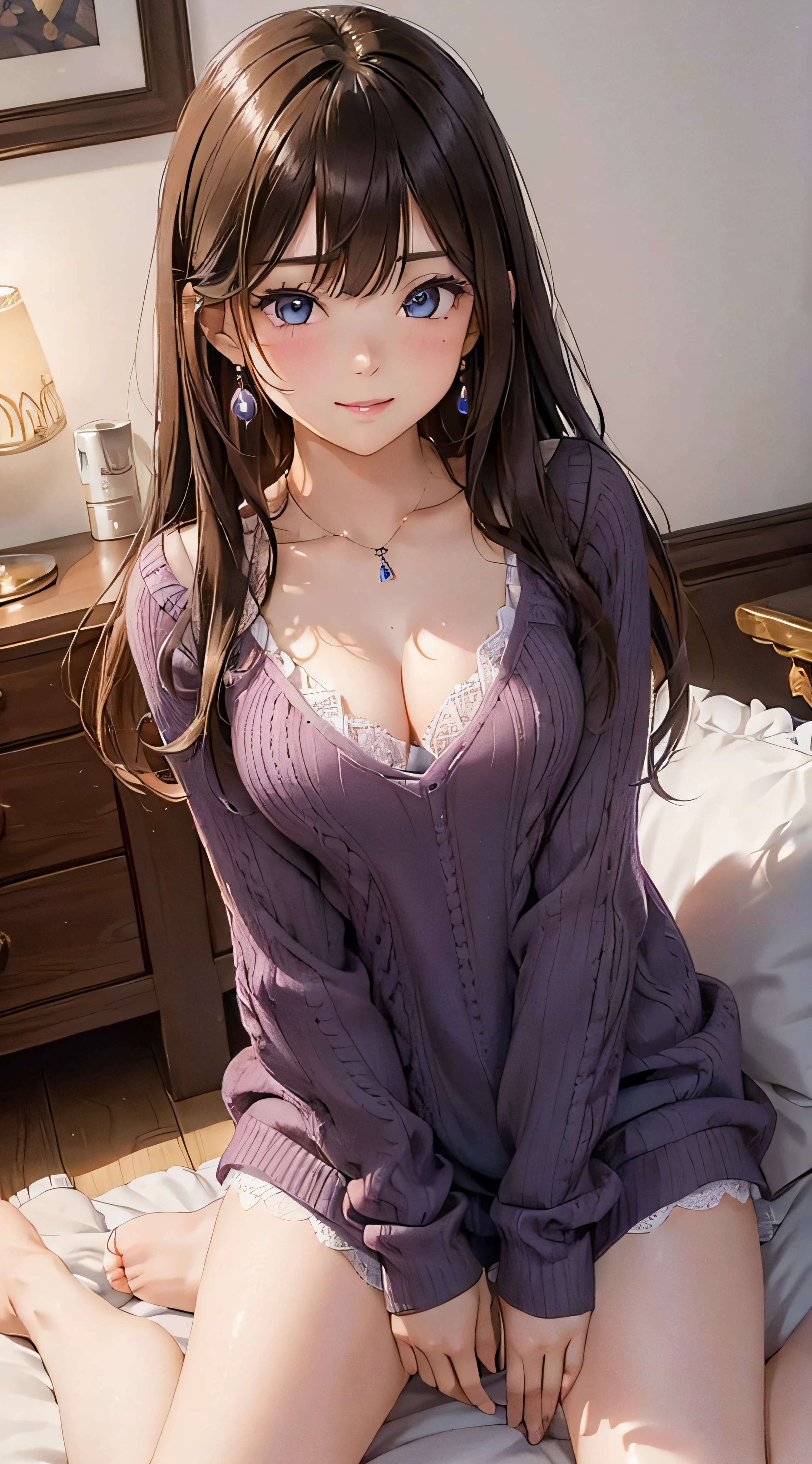 (masutepiece: 1.3), (max resolution: 1.2), (Ultra HDTV: 1.2), cinematric light, Ultra HDTV, (Detailed eyes and skin), (detailed facial features), nffsw, 8K resolution, Sharp Focus: 1.2, Perfect Style, Beautiful face, Perfect body, acurate, Anatomically correct, Highly detailed face and skin texture, Detailed eyes, Dark-blue eyes, Double eyelids, Thin eyebrows, Glitter Eyeliner: 1.2, Natural cheeks, Glossy skin, Fair skin: 1.2, shiny little necklace and earrings, (Glossy lips: 1.4), BREAK, One-person viewpoint, (She is a very cute female teacher), (Pink lace panties), (Seductive smile: 1.2), ((a Innocent and cute girl:1.3)), (Long Wave Hair), (ligh brown hair:1.2), (Cowboy Shot: 1.2), BREAK, ((Very intimate relationships: 1.2)), medium large breasts, ((Looking at Viewer:1.2)), ((On the sofa in the women's room:1.2)), ((Bend your knees and open your legs wide:1.2)), (From Side:1.2),low angle shot sleeveless knit sweater Embarrassed look lying back on