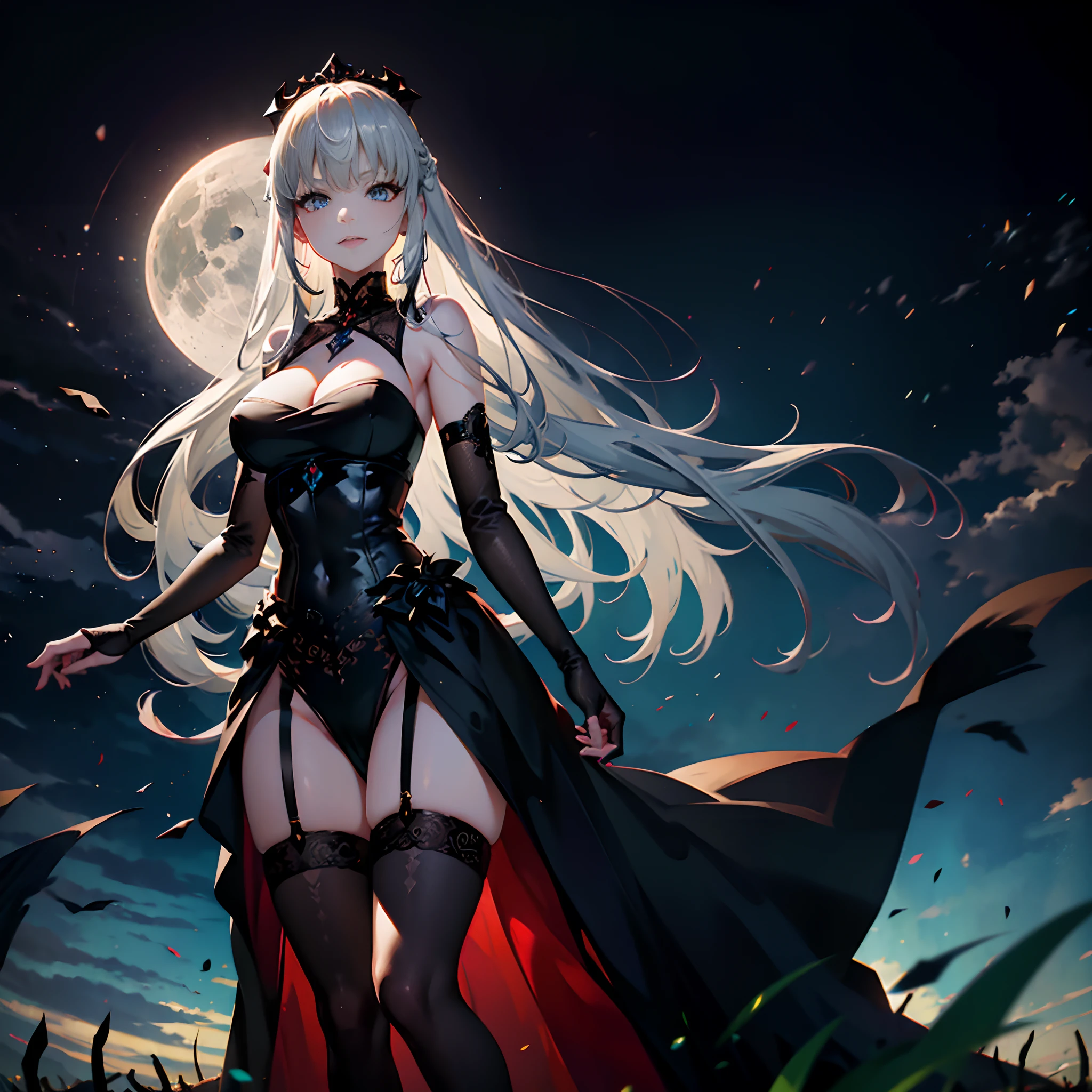 1 girl, solo, Mori_Calliope, intricate open gothic dress, gothic queen dress, majestic black dress with frills, breasts-tent, white hair with green tips, aberrant colours, ((wearing black stockings)), garter belt, very large breasts, black choker, thick thighs, curvy waist, wide hips, very long hair, black crown, sidebangs, hair between eyes, sparkling blue eyes, standing, evil smile, flying_ashes, sexy pose, (dim lighting:1.5), alien-like grass fields in background, 2 moons in the sky