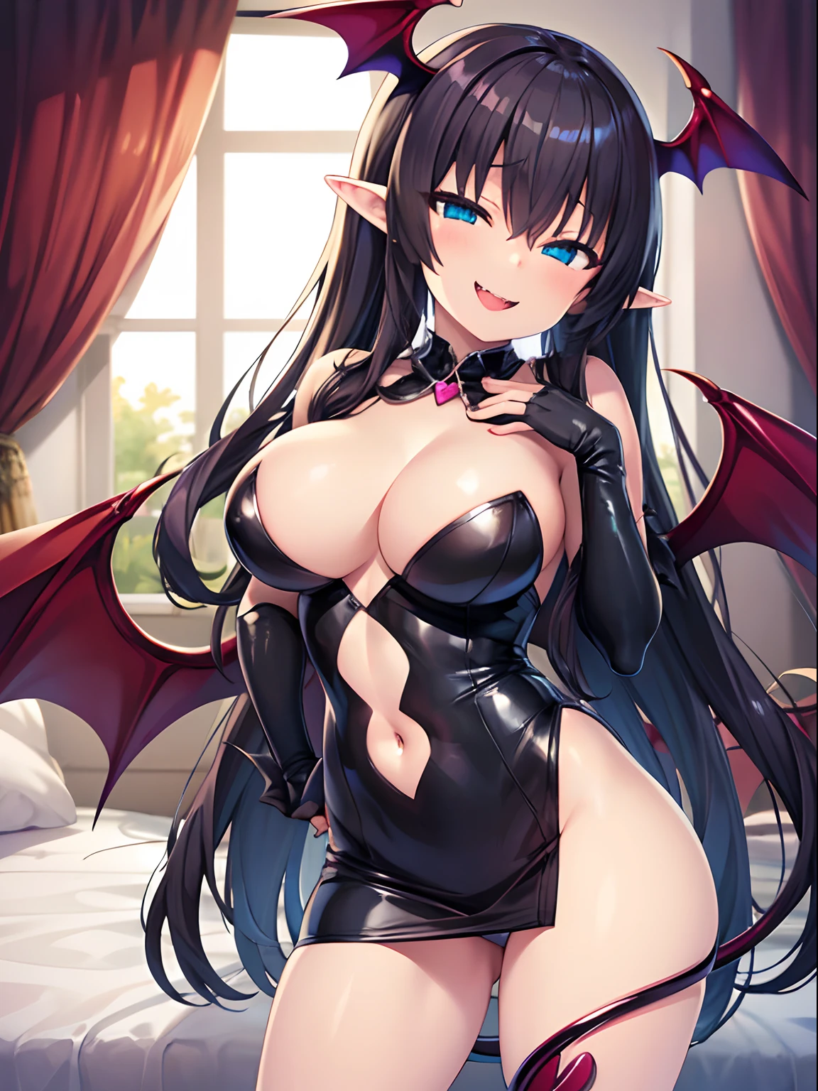 tachi-e, game cg, Highly detailed and realistic CG, Colorful, Masterpiece, Best Quality, jewel-like eyes, 1girl, solo, black hair, shiny hair, very long straight hair, slender, skinny legs, succubus girl,succubus dress, mini skirt, succubus boots, aqua blue eyes, large breasts, sagging breasts, cleavage cut out, black elbow gloves, latex, smirk, smile, jig eyes, jitome, half-closed eyes, tsurime, hotel bed room background, from pov, best quality eyes, sharp teeth, tsundere, standing, contrapposto, hand on hip, (shiny skin:1.0), succubus wings, bat wings, succubus tail, mesugaki, teasing, smug, cute girl, petite, open mouth, fangs, tongue out, pointy ears, pink heart tattoo, (Sharp Focus:1.2), Thin arms, Thin legs, outline,