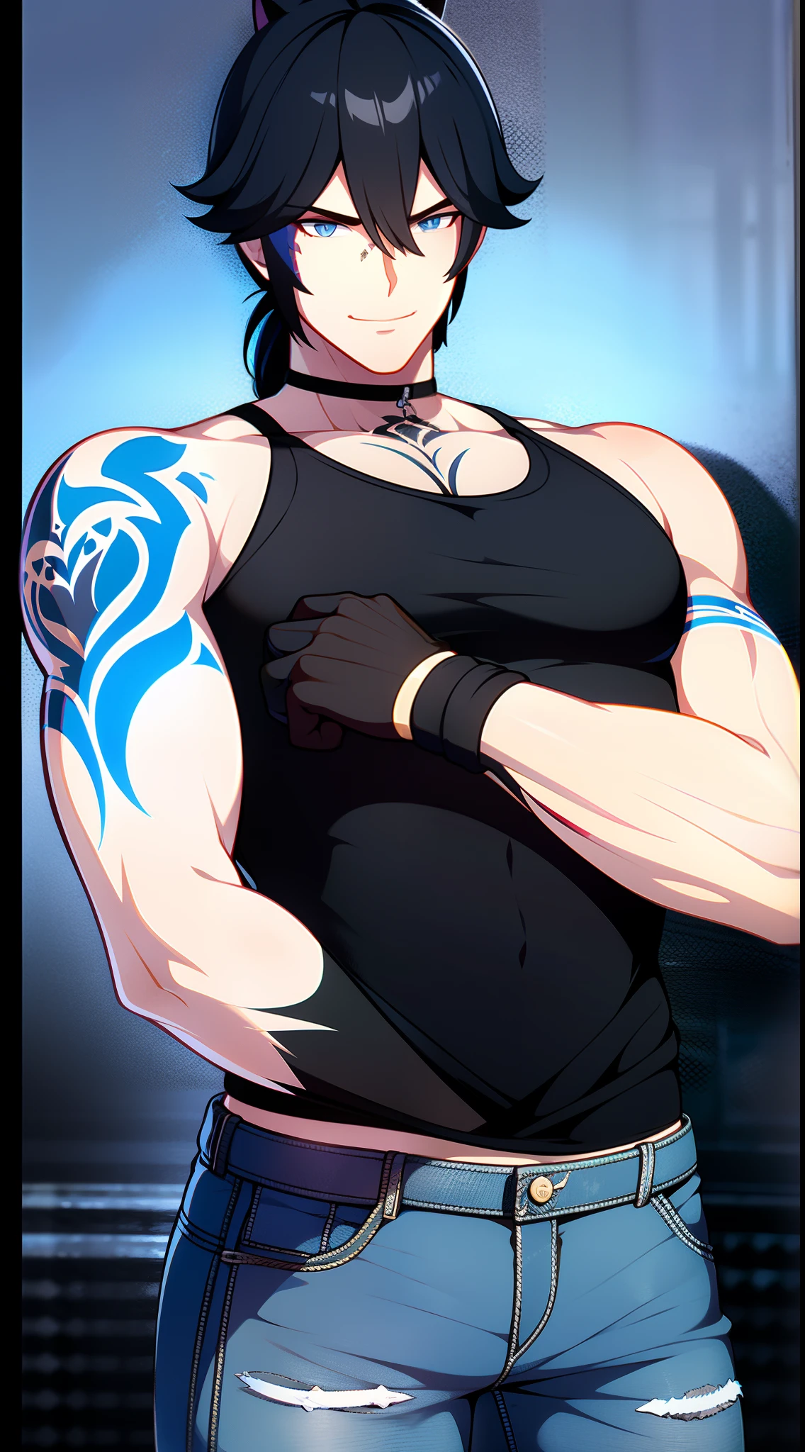 Grown-up guy, Short black hair with blue strands, high ponytail, cat ears, blue eyes, musculature, smirk, black tank top, Jeans, fetters, Silver elements, tattoo, Scars, Blue Flame, zipper, Masterpiece, hiquality, 4k, HD, Good detail