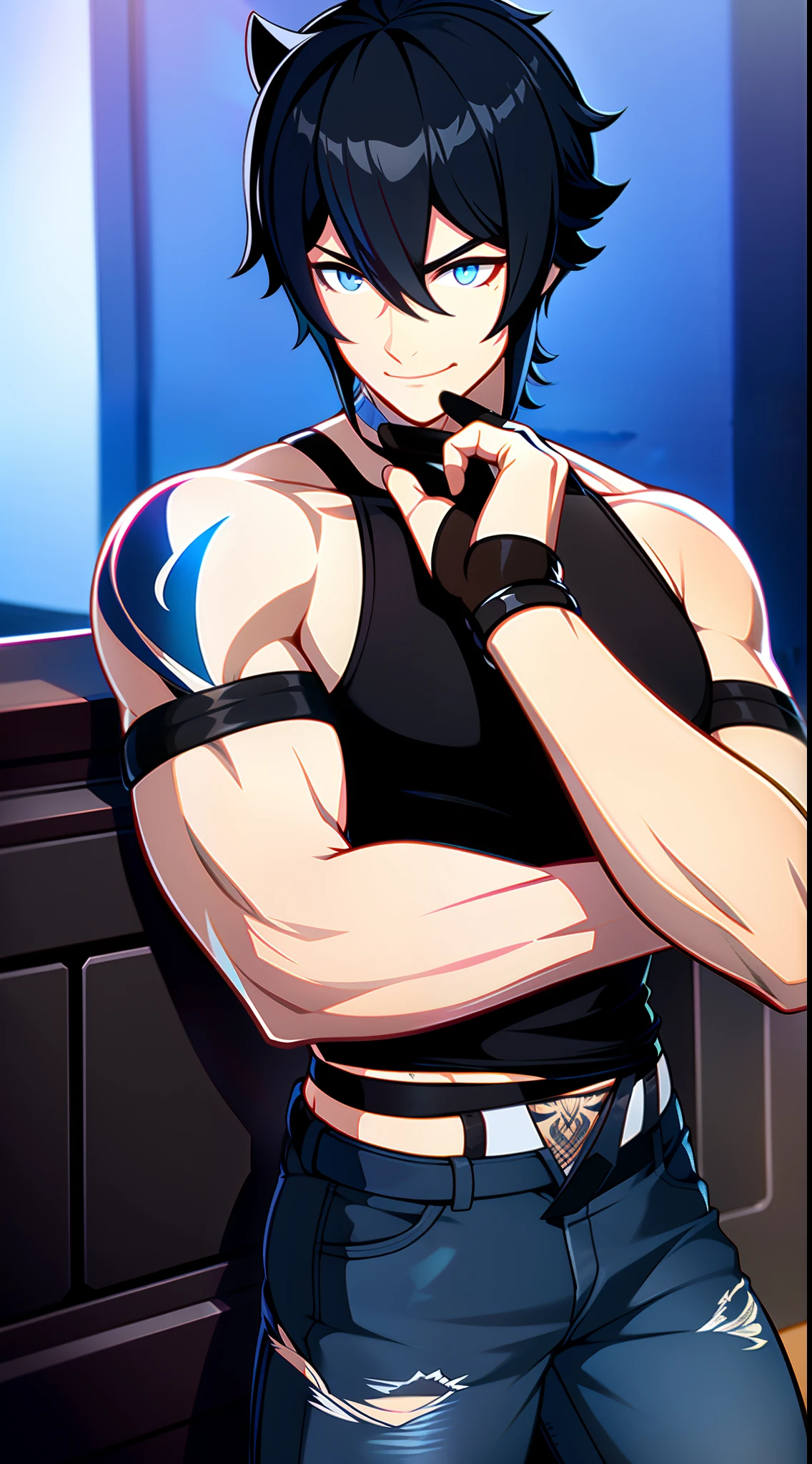Grown-up guy, Short black hair with blue strands, high ponytail, cat ears, blue eyes, musculature, smirk, black tank top, Jeans, fetters, Silver elements, tattoo, Scars, Blue Flame, zipper, Masterpiece, hiquality, 4k, HD, Good detail