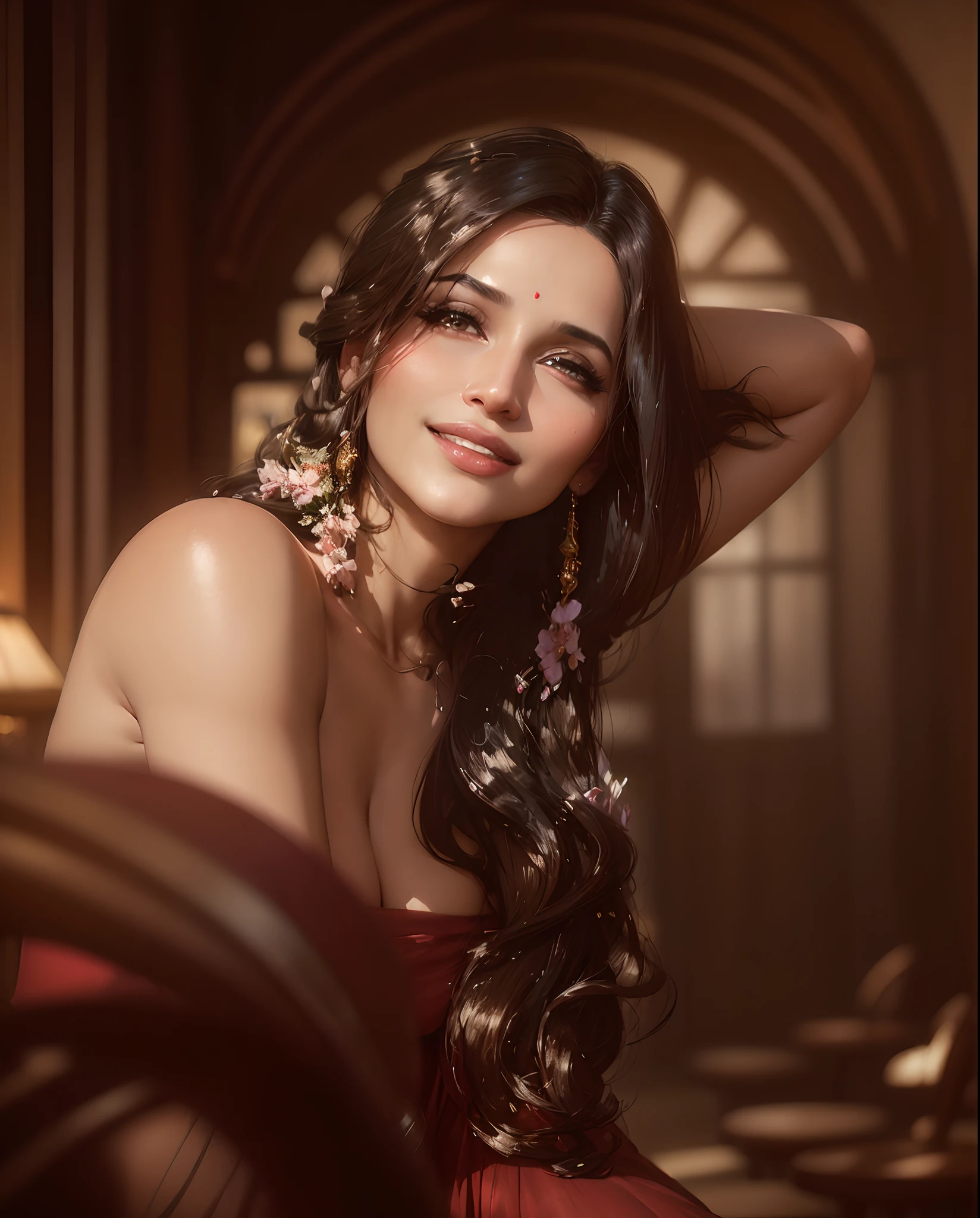 (masterpiece portrait photography:1.4) of a  alluring ravishing curvy supermodel Sonali bendre, posing in a garden cafe, wearing beautiful, wearing strappy vintage classy mindress, ornate parisian cafe, 50's fashion, (long flowing wavy backlit hair:1.2), fair radiant skin, vivacious, lustful glance, exhilarated (captivating kohl lined eyes:1.1) , (seductive smile:1.3) soft dramatic lighting, falling petals and flowers bokeh, key lighting, backlit, light rays, highly detailed, trending on artstation, paint splashes, rich colour, wind all around, abstract portrait, by Ron hicks