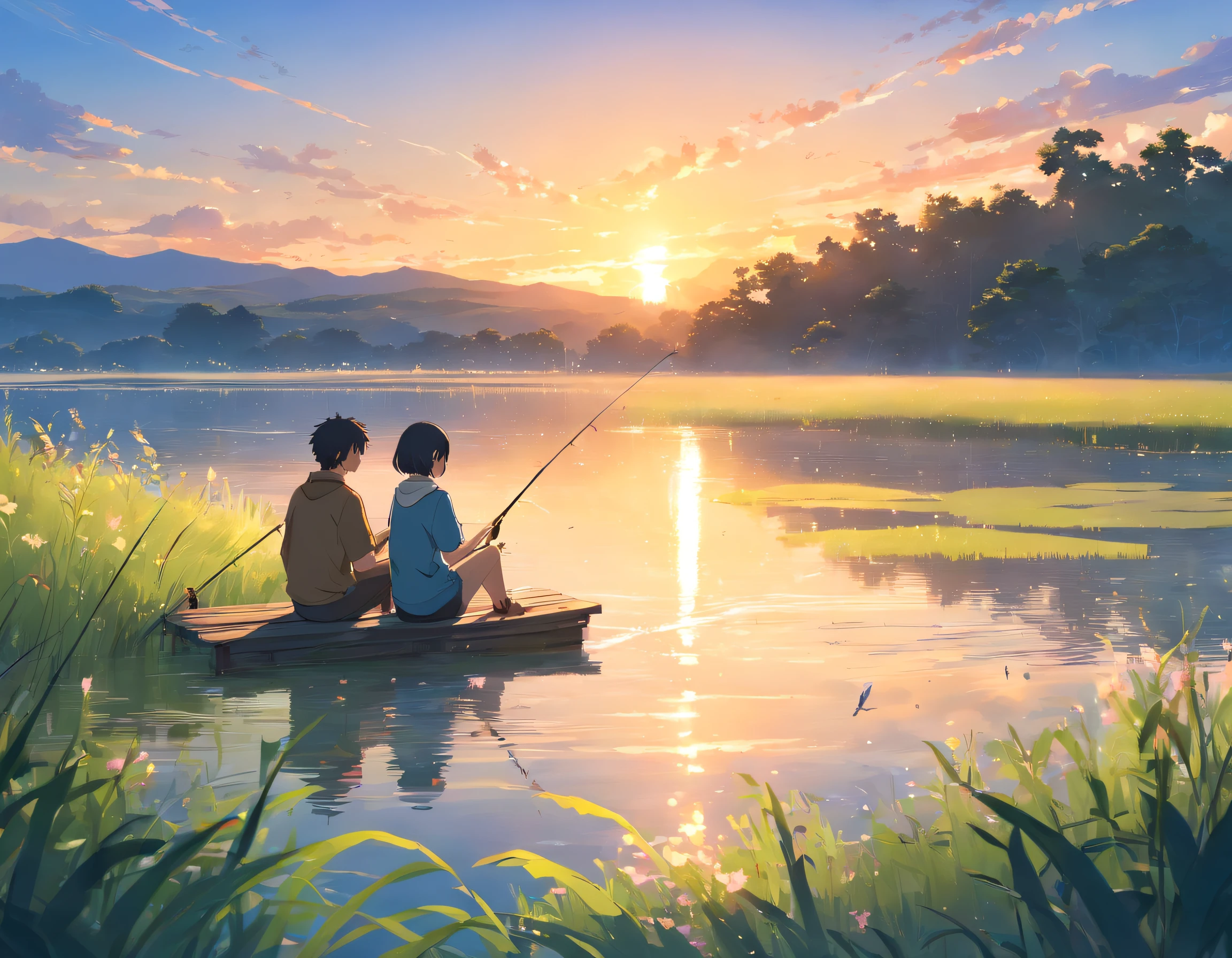 Couple sitting by lake fishing，Small lake，grassy fields，Small fish in the lake，the setting sun