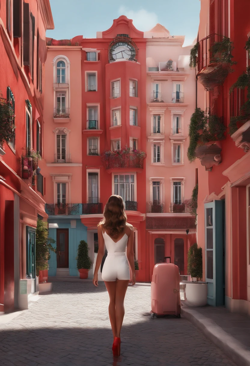 Pixar 3D-style drawing of a slimming clinic in the city center with a character in the foreground, um close up de uma mulher com uma camisa rosa e batom vermelho, Directed by: Nandor Soldier, inspired by Antônio Parreiras, red lips, light-red lips, inspirado em Maria Helena Vieira da Silva, imagem de perfil, Batom vermelho no rosto, by Maria Helena Vieira da Silva, sexy red lips, thick red lips