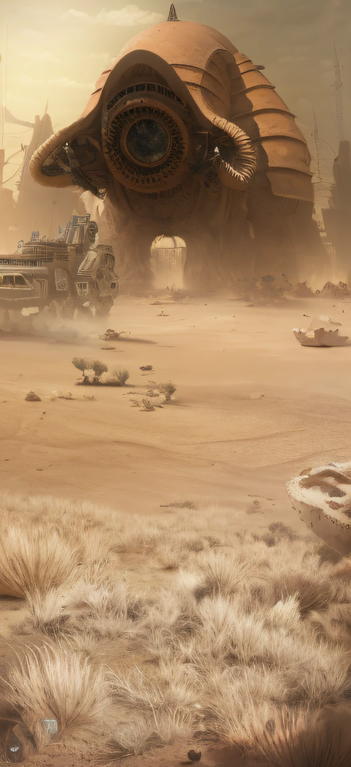 There is a huge alien creature in the desert,The background is a man, Dusty environment, game art matte painting, Planet Arakis, desert wasteland, steampunk desert background, concept art Octane rendering, concept-art , highly rendered, spaceship in a dry river bed, epic sandstorm battle, fantasy apocalypse environment, matte painting concept art, post - apocalyptic wasteland