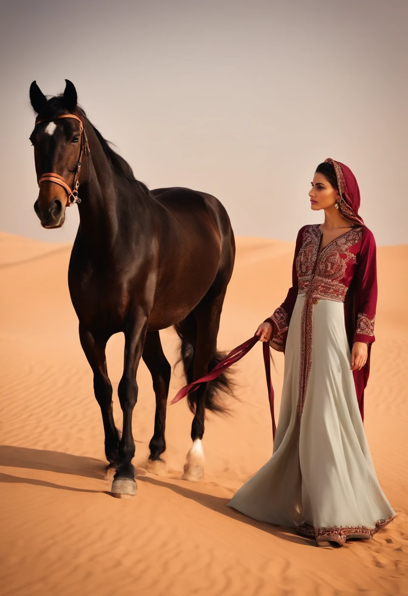 A beautiful girl, elegantly dressed in Gulf-style abaya, with an Arabian horse in the desert,