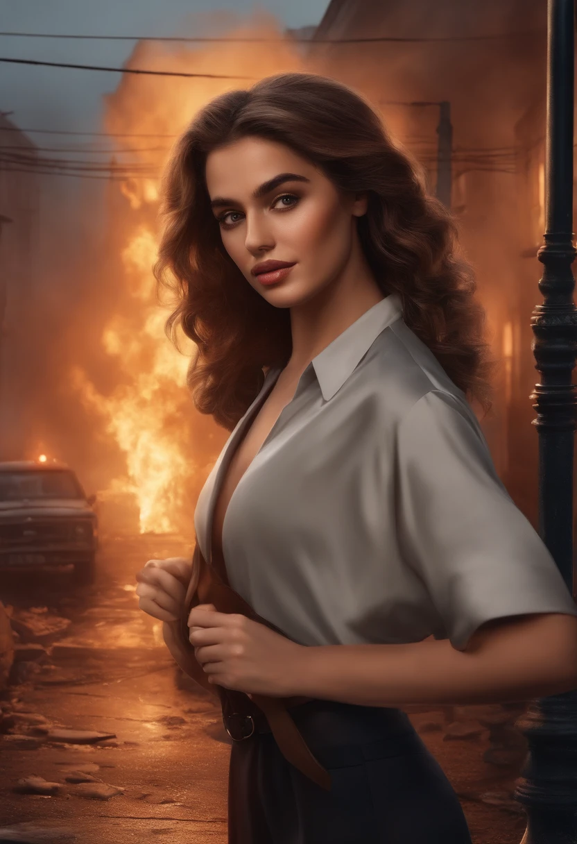 ((Uma menina sentada na rua sentindo frio chorando, olhos articulados marejados, tristeza cara fofa 🥺 )), the background Pyear of ((a ruined burnt house and an ambulance, P((Olice Pessoas turning Para aPagar the fire with buckets of water, Noite, lights of the Policia, smoke outside the destroyed house, Chamas))