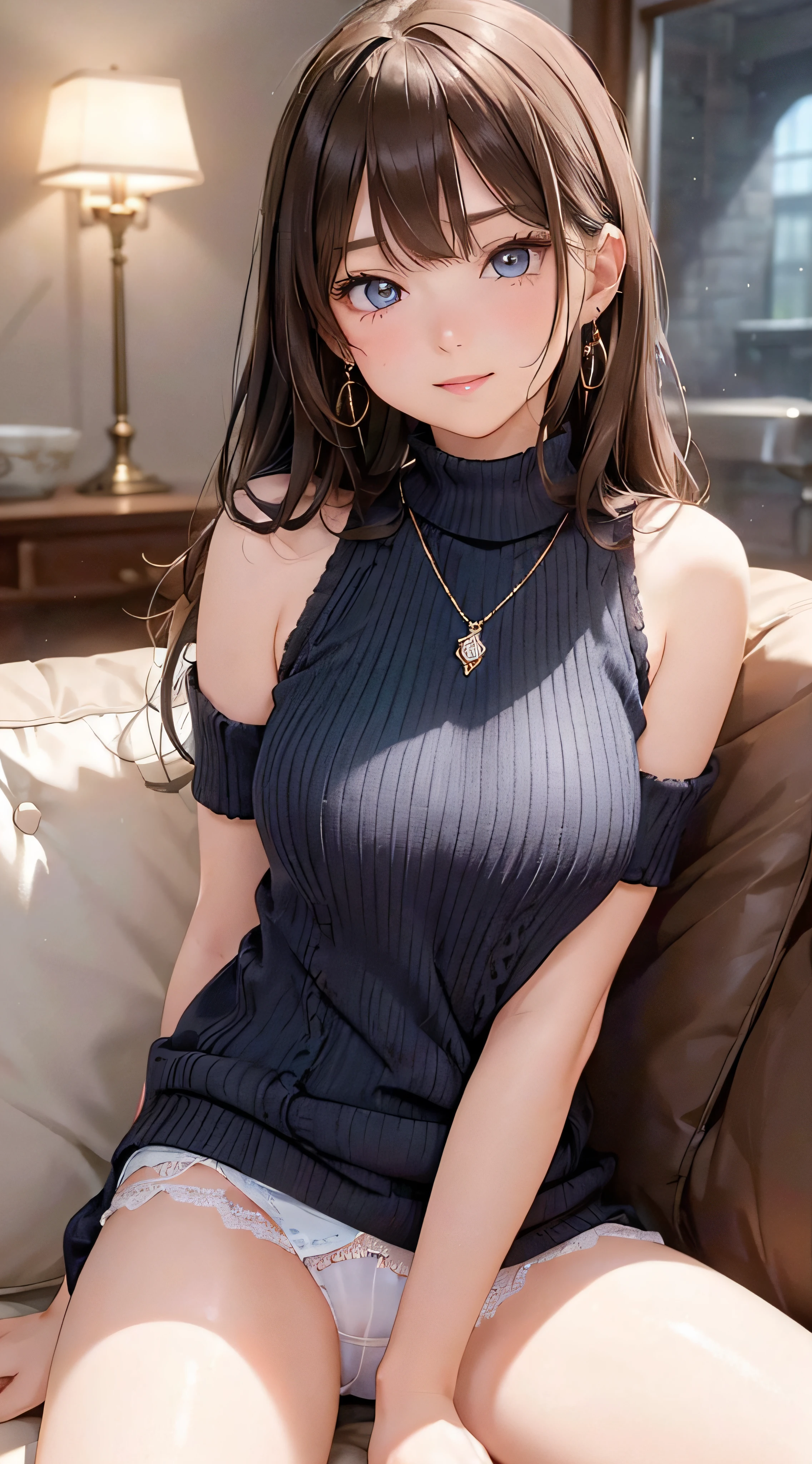(masutepiece: 1.3), (max resolution: 1.2), (Ultra HDTV: 1.2), cinematric light, Ultra HDTV, (Detailed eyes and skin), (detailed facial features), nffsw, 8K resolution, Sharp Focus: 1.2, Perfect Style, Beautiful face, Perfect body, acurate, Anatomically correct, Highly detailed face and skin texture, Detailed eyes, Dark-blue eyes, Double eyelids, Thin eyebrows, Glitter Eyeliner: 1.2, Natural cheeks, Glossy skin, Fair skin: 1.2, shiny little necklace and earrings, (Glossy lips: 1.4), BREAK, One-person viewpoint, (She is a very cute female teacher), (White lace panties), (Seductive smile: 1.2), ((a Innocent and cute girl:1.3)), (Long Wave Hair), (ligh brown hair:1.2), (Cowboy Shot: 1.2), BREAK, ((Very intimate relationships: 1.2)), medium large breasts, ((Looking at Viewer:1.2)), ((On the sofa in the women's room:1.2)), ((Bend your knees and open your legs wide:1.2)), (From Side:1.2),low angle shot sleeveless knit sweater Embarrassed look lying back on