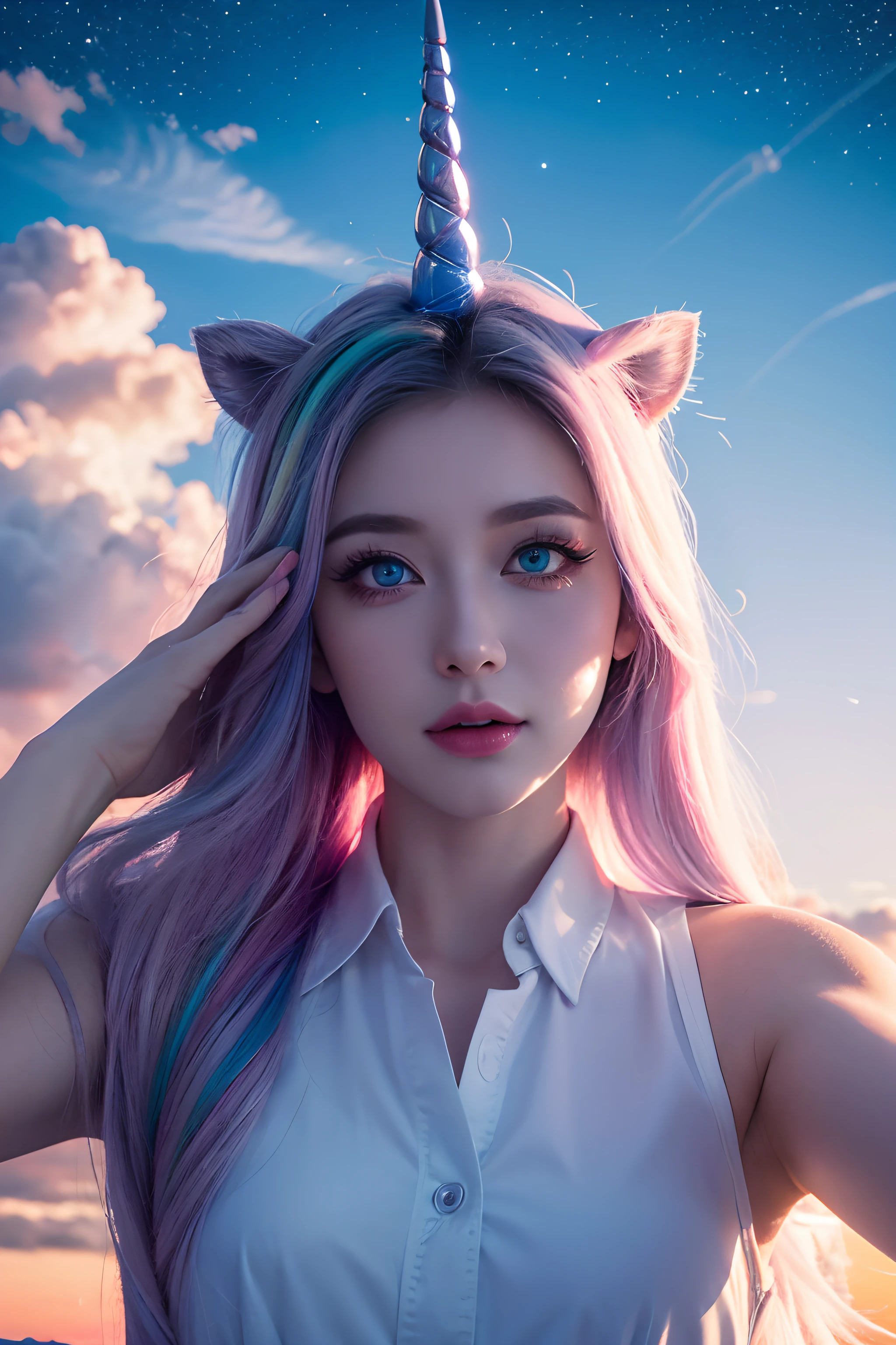 Starlight Unicorn，Blue pupils，Black eyelashes，Fly above the colorful clouds，