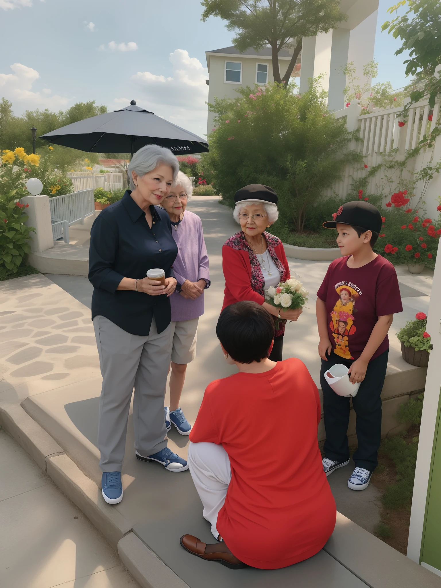 Mom, grandma, 2 boys, 1 girl sitdown all in style
