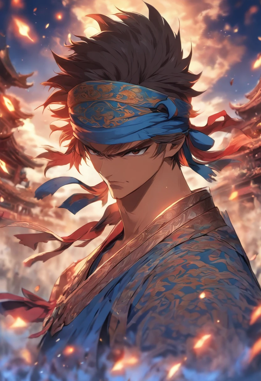 Mytical Knight, supernatural Power, Tower of Destiny, Moonlight blade game, A Chinese Man, high Cultivation, wearing bandana as blindfolded, Charismatic Figure