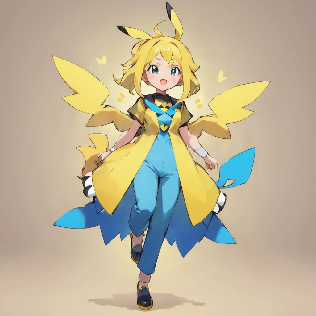 Pikachu，White color blouse，blue surcoat，Black pantsuit