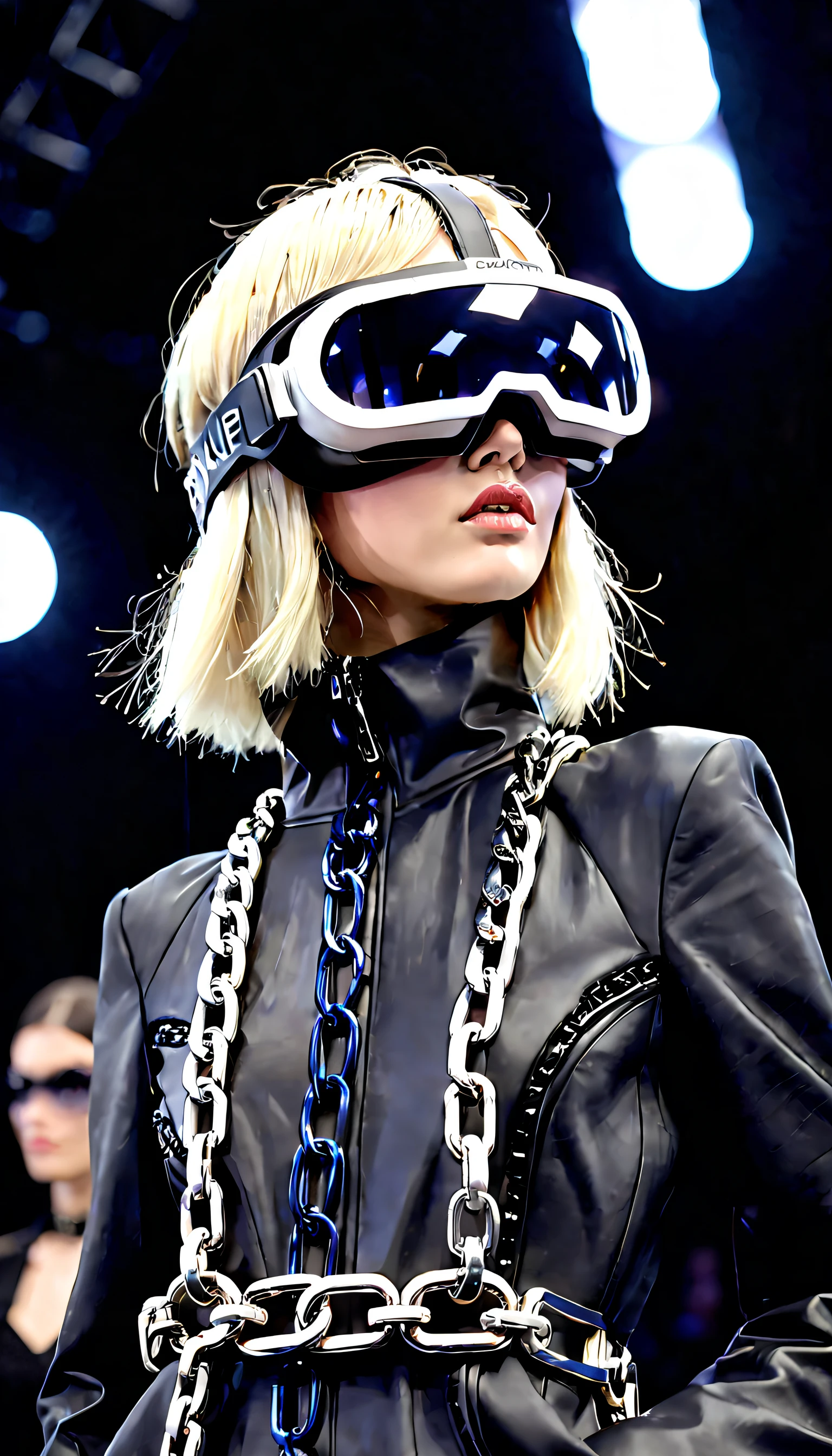 In a futuristic, dystopian world, a high-end fashion show takes place where each model is sponsored by a different corporation and their features are meticulously crafted and manipulated to represent the brand's image. The models wear vr goggles and chains. With intricate details and bold statements, these hyper-realistic, corporate-controlled individuals showcase elegant attire that embodies the power and influence of the companies that have engineered them.