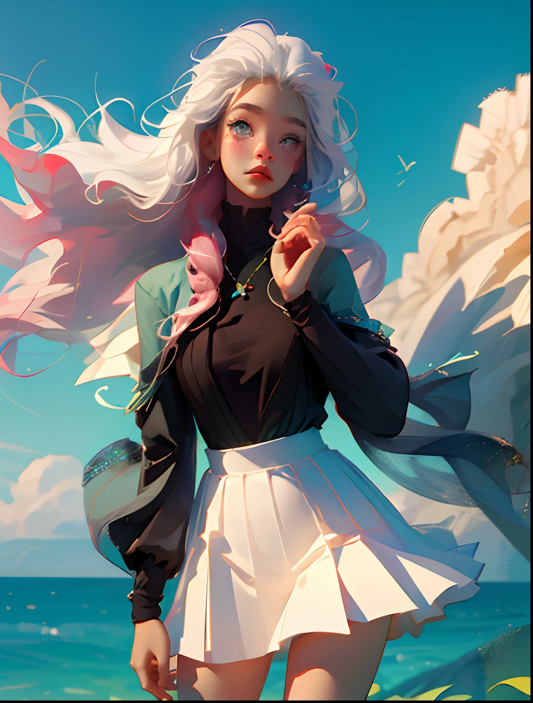white hair、Aquamarine eyes、sano、The blue sky is spreading、Waving at me、A girl with pink hair and eyes is standing next to her。