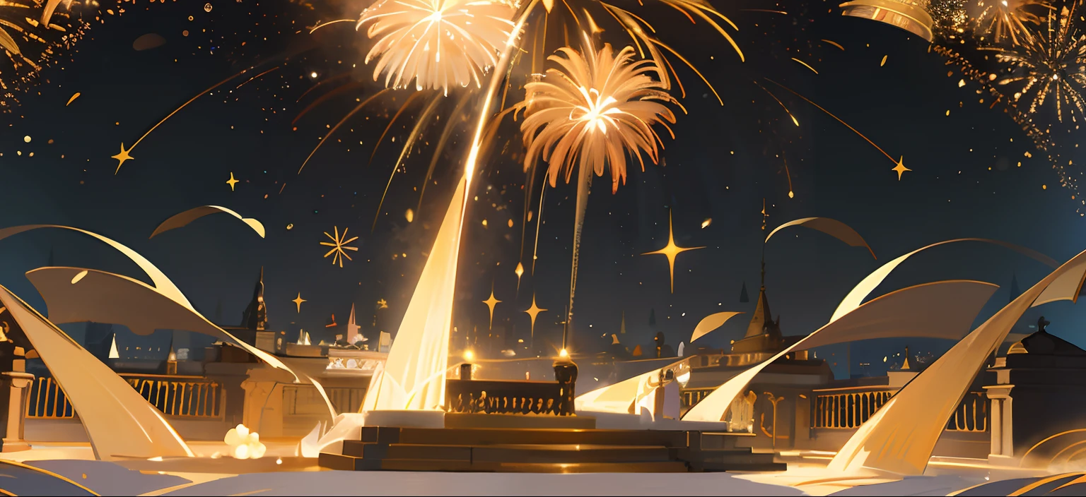 Fireworks above the fountain，In the background is the bell tower, intricate sparkling atmosphere, Fireworks, background artwork, [ fireworks in the sky ]!!, concept art magical highlight, Golden meteor, Grand!, ballroom background, grand finale, cheerfulness!!!, Sparkling atmosphere, Golden spark, fire works, the wallpaper!, pixiv contest winner, fireworks in background