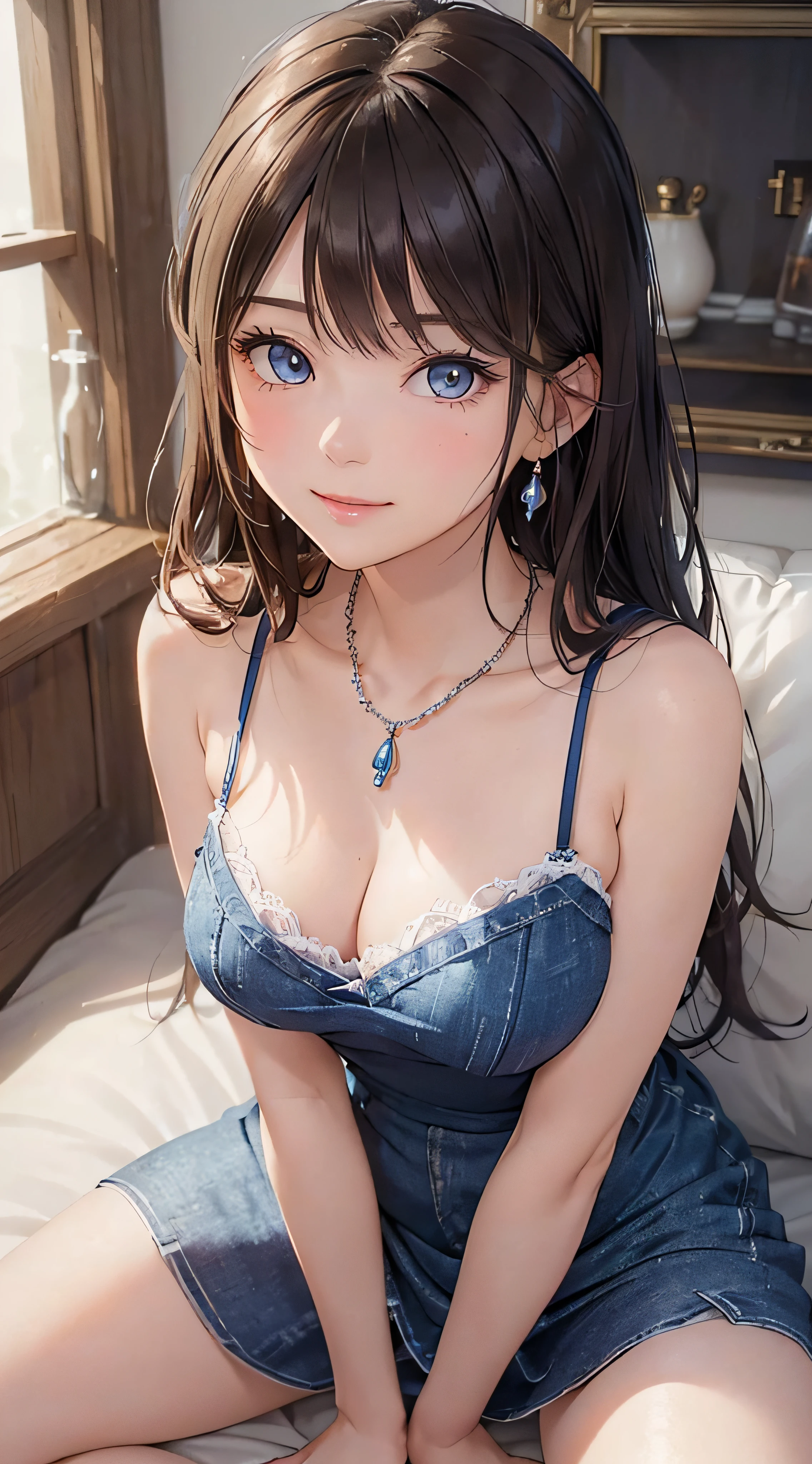 (masutepiece: 1.3), (max resolution: 1.2), (Ultra HDTV: 1.2), cinematric light, Ultra HDTV, (Detailed eyes and skin), (detailed facial features), nffsw, 8K resolution, Sharp Focus: 1.2, Perfect Style, Beautiful face, Perfect body, acurate, Anatomically correct, Highly detailed face and skin texture, Detailed eyes, Dark-blue eyes, Double eyelids, Thin eyebrows, Glitter Eyeliner: 1.2, Natural cheeks, Glossy skin, Fair skin: 1.2, shiny little necklace and earrings, (Glossy lips: 1.4), BREAK, One-person viewpoint, (She is a very cute female teacher), (Light blue lace panties), (Seductive smile: 1.2), ((a Innocent and cute girl:1.3)), (Long Wave Hair), (ligh brown hair:1.2),  (Cowboy Shot: 1.2), BREAK, ((Very intimate relationships: 1.2)), medium large breasts, ((Looking at Viewer:1.2)), ((On the sofa in the women's room:1.2)), ((Bend your knees and open your legs wide:1.2)), (From Side:1.2),low  angle shot　sleeveless knit sweater　Tight jeans skirt　Embarrassed look　atlibrary