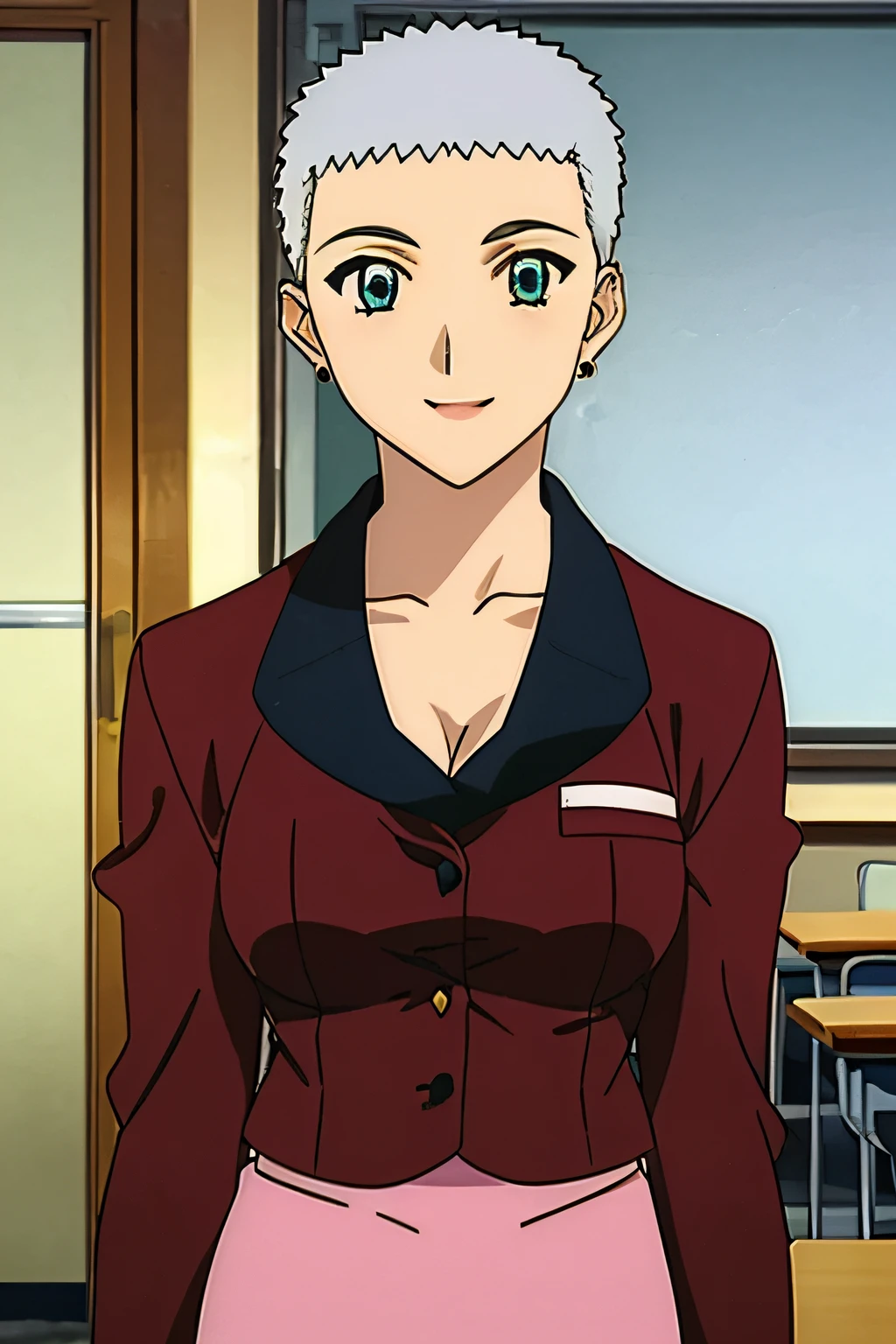 YAYOI_SCHWAEL, BLUE EYES, GREY HAIR, VERY SHORT HAIR, SHORT BANGS, earrings, 1girl, solo, cowboy shot,, realistic, classroom, school desk, burgundy colored suit, jacket, pencil skirt, cleavage, 1girl, solo, facing viewer, looking at viewer, upper body, smile,