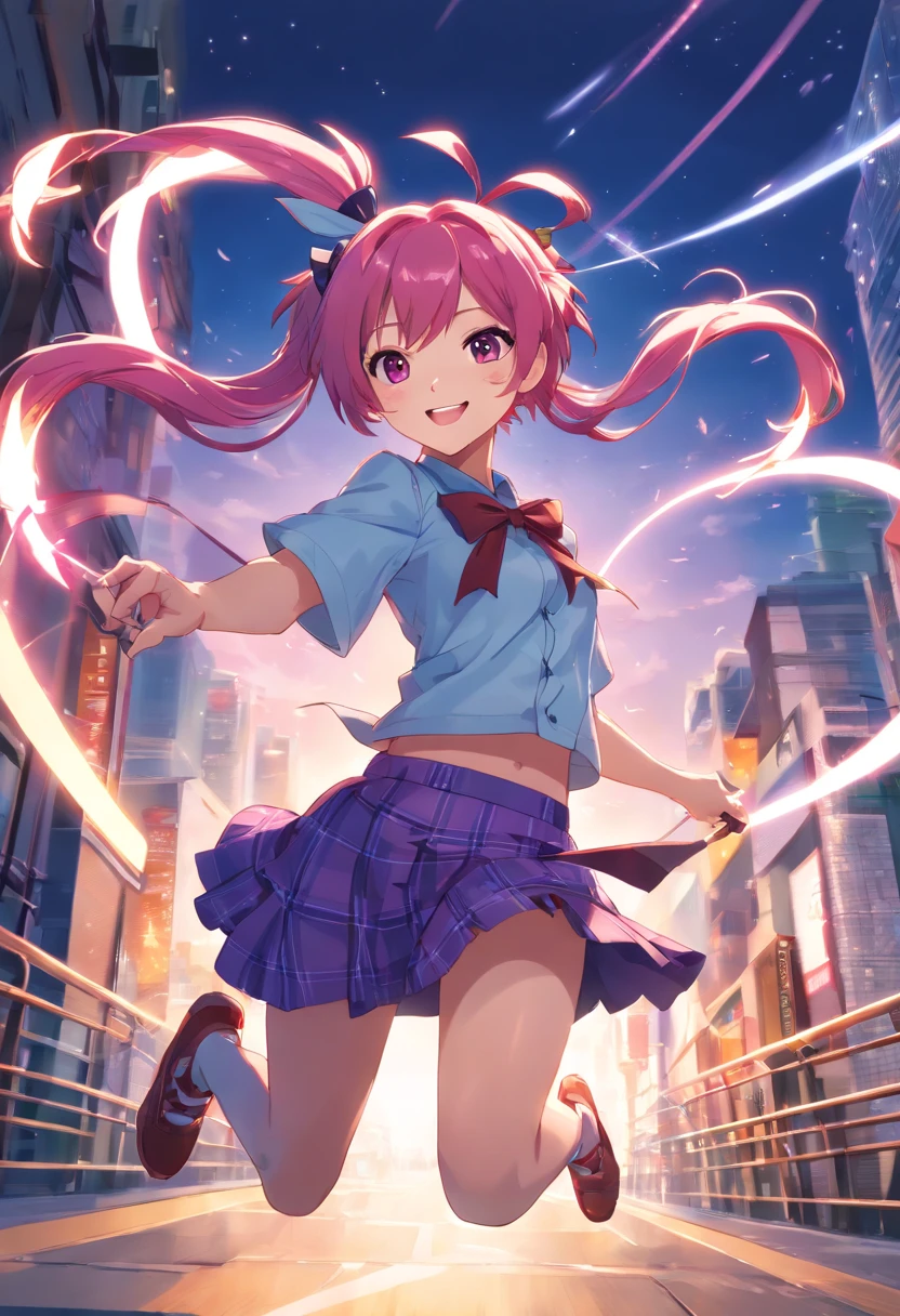 (((best quality))), 1girl, pink hair, purple inner hair, kirara jump, smile, twintails, pink miniskirt, short sleeve, red check dress, corset, zettai ryouiki, pointing her bow, official art