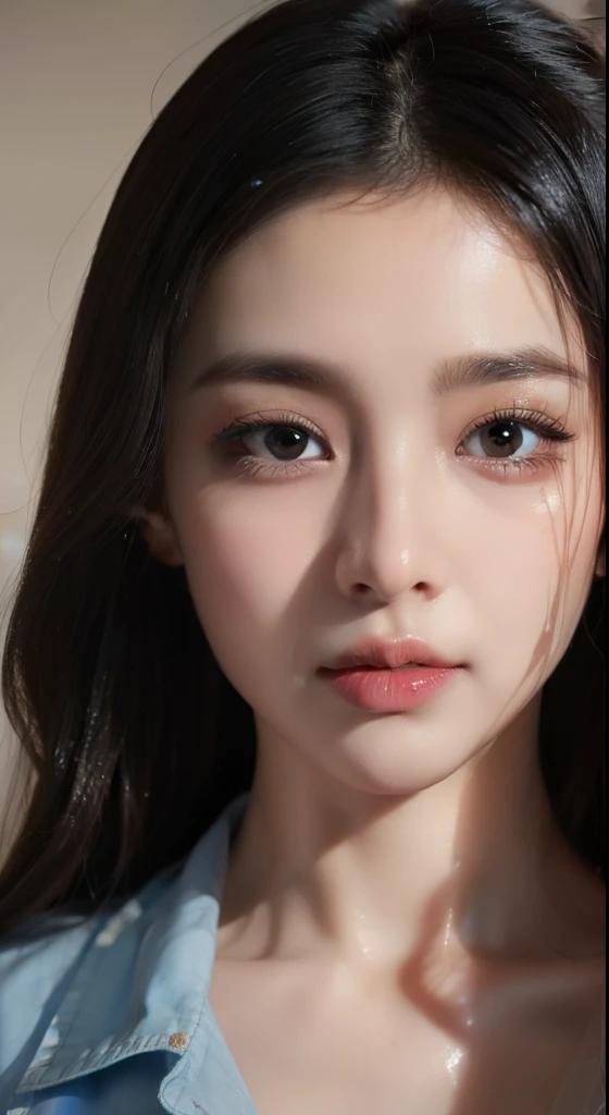 exquisite face，Elaborate Eyes，Wet sheer shirt open，Small breasts、no underwares、Black head、adolable，The upper part of the body、The mouth opens in an O-shape