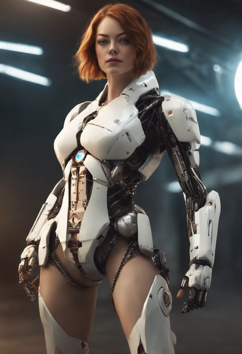 A high resolution, HighestQuali, Ultra detailed, emma stone, (((21 years old))), cleavage, (Cyborg:1.5), white desert, Sunny, navel, electrical wires, nickel, Electrical tape, Phase shifter arm, Heterochromia, Scramjet legs, Rust