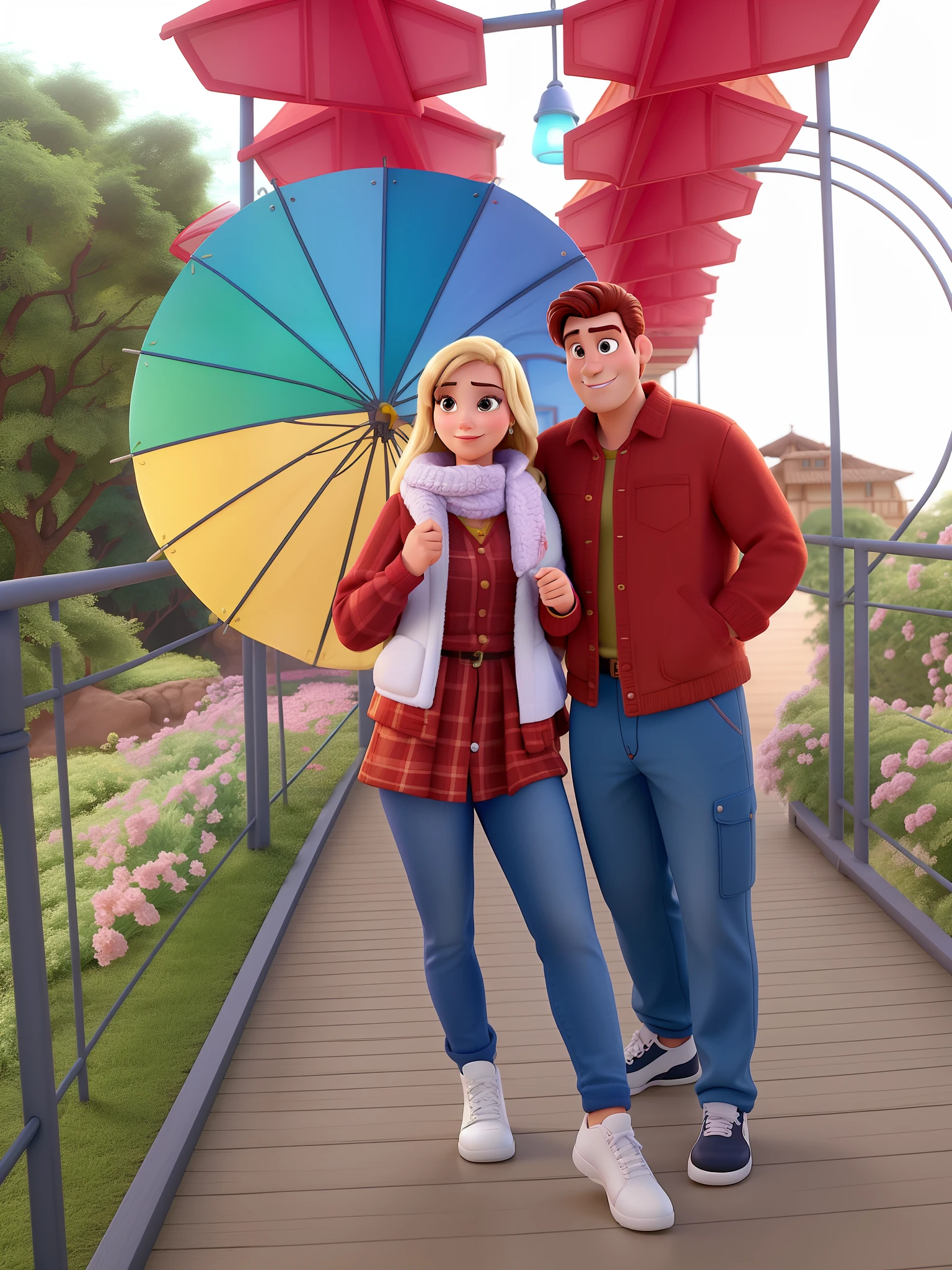 Casal (homem branco e mulher branca loira) no estilo Disney Pixar, alta qualidade, melhor qualidade.