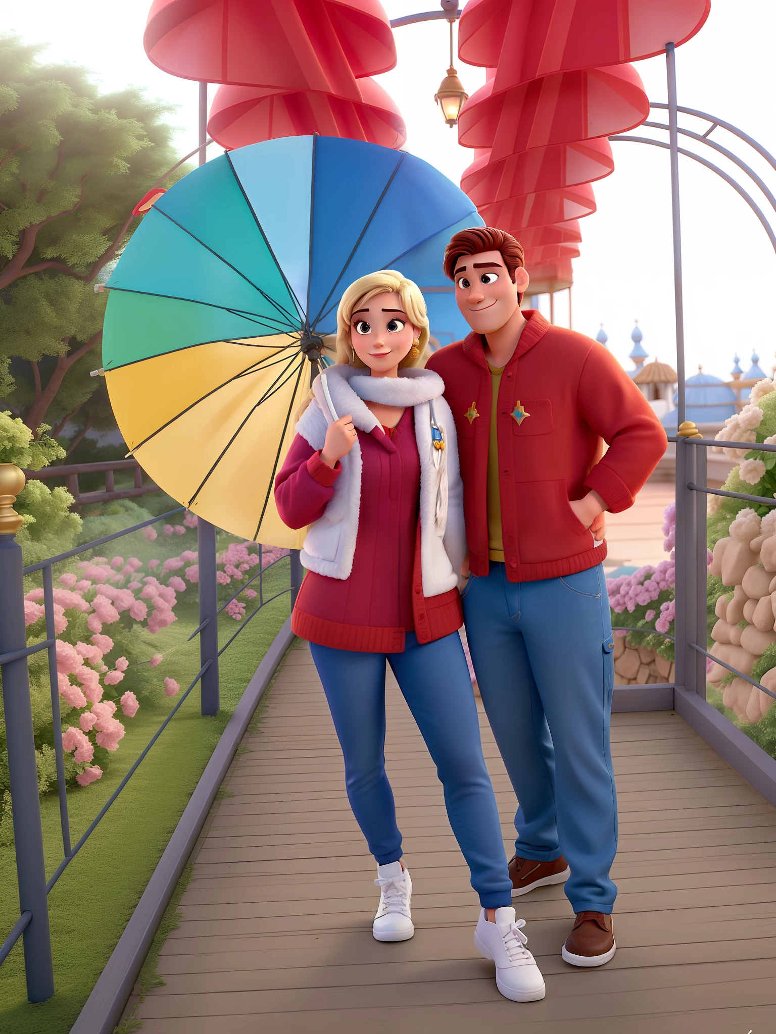 Casal (homem branco e mulher branca loira) no estilo Disney Pixar, alta qualidade, melhor qualidade.