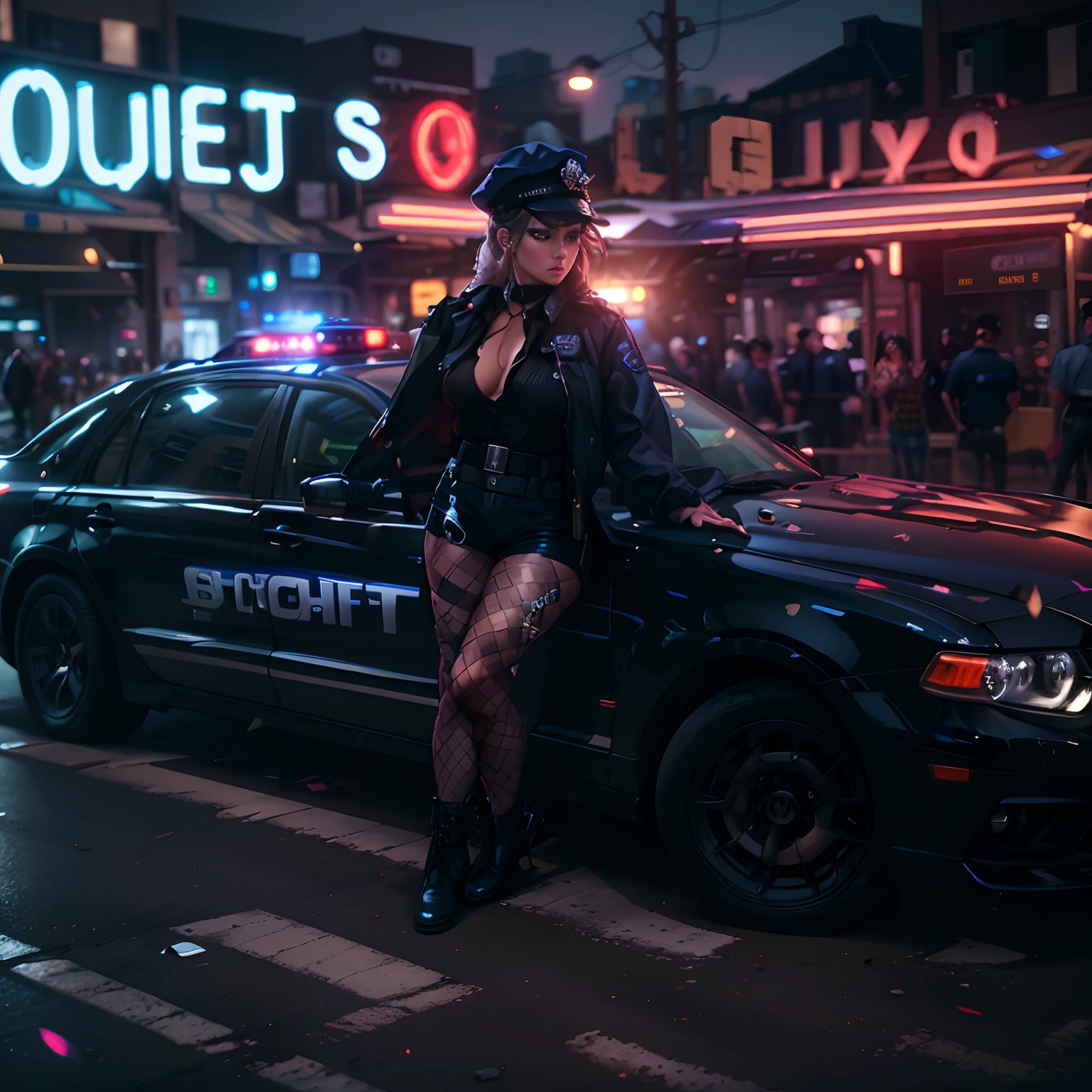 Sexy policewoman in uniform, plaid tights, handcuffs on the belt, Short shorts, neckline on the chest, Hands on the car, Standing in the city at night, Rear Police Car, Shot on sony alpha 150mm, blurred background