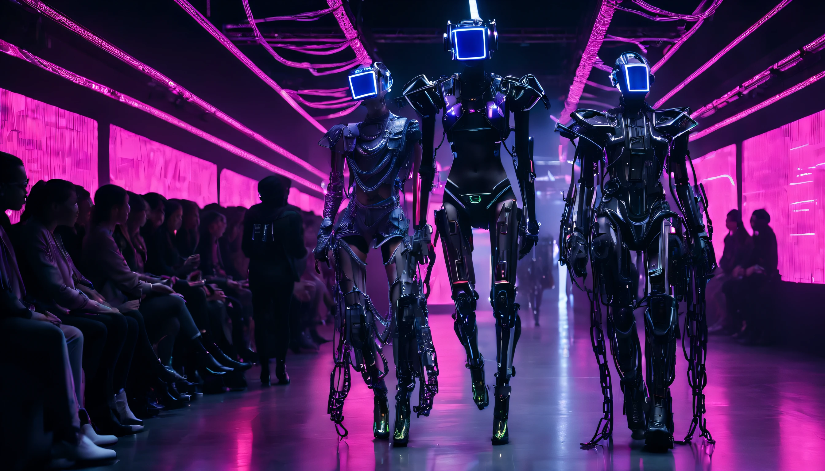 A cyberpunk-inspired runway where humanoid robots, each bound by delicate chains, gracefully showcase their advanced forms in a powerful statement about the complex relationship between technology and society. Taking place in a neon-lit, dystopian world, this artistic display highlights the need for human connection in a future dominated by mechanical beings.