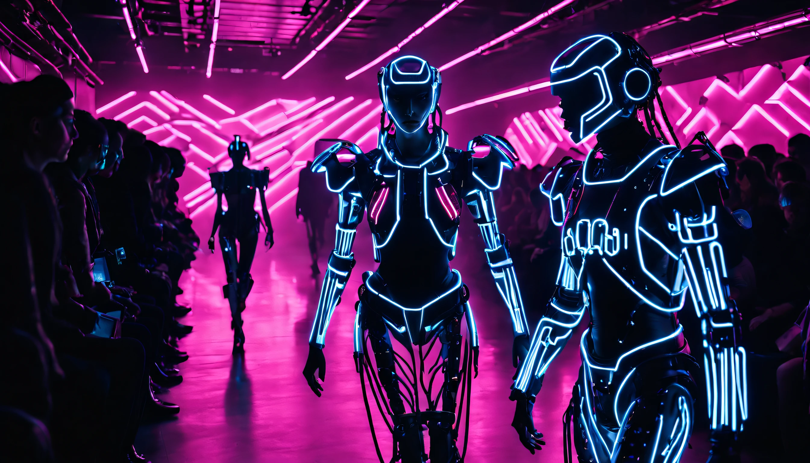 A cyberpunk-inspired runway where humanoid robots, each bound by delicate chains, gracefully showcase their advanced forms in a powerful statement about the complex relationship between technology and society. Taking place in a neon-lit, dystopian world, this artistic display highlights the need for human connection in a future dominated by mechanical beings.